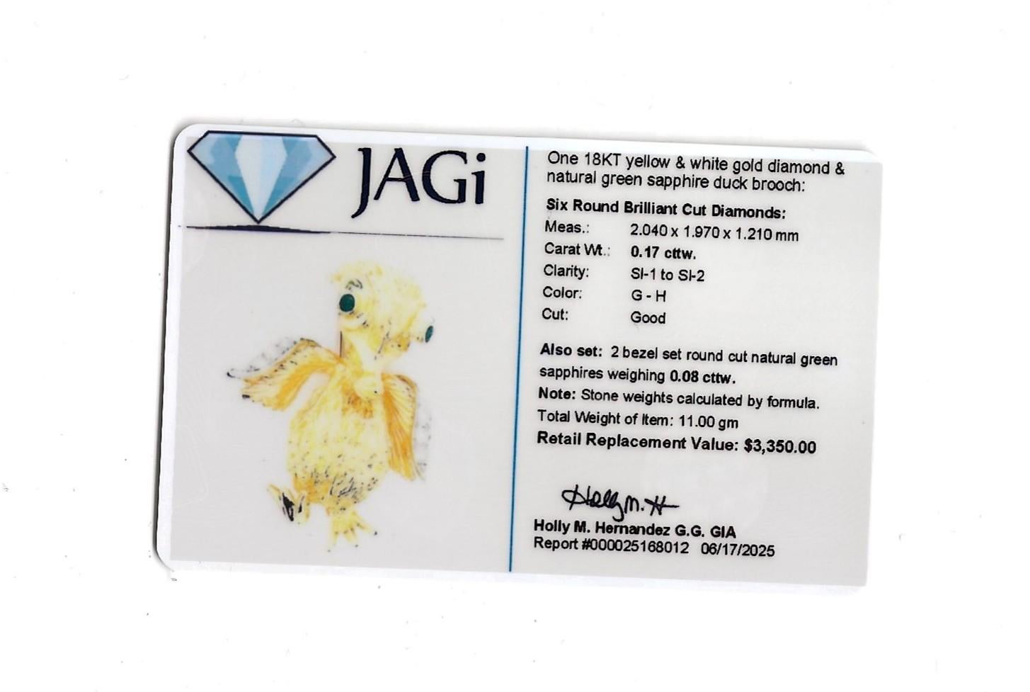 Broche canard texturé avec diamants et saphir vert Greene & Greene 18 Karat Yellow Gold en vente 4