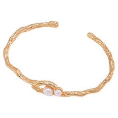 Textured Freshwater Pearl Gold Bangle Bracelet