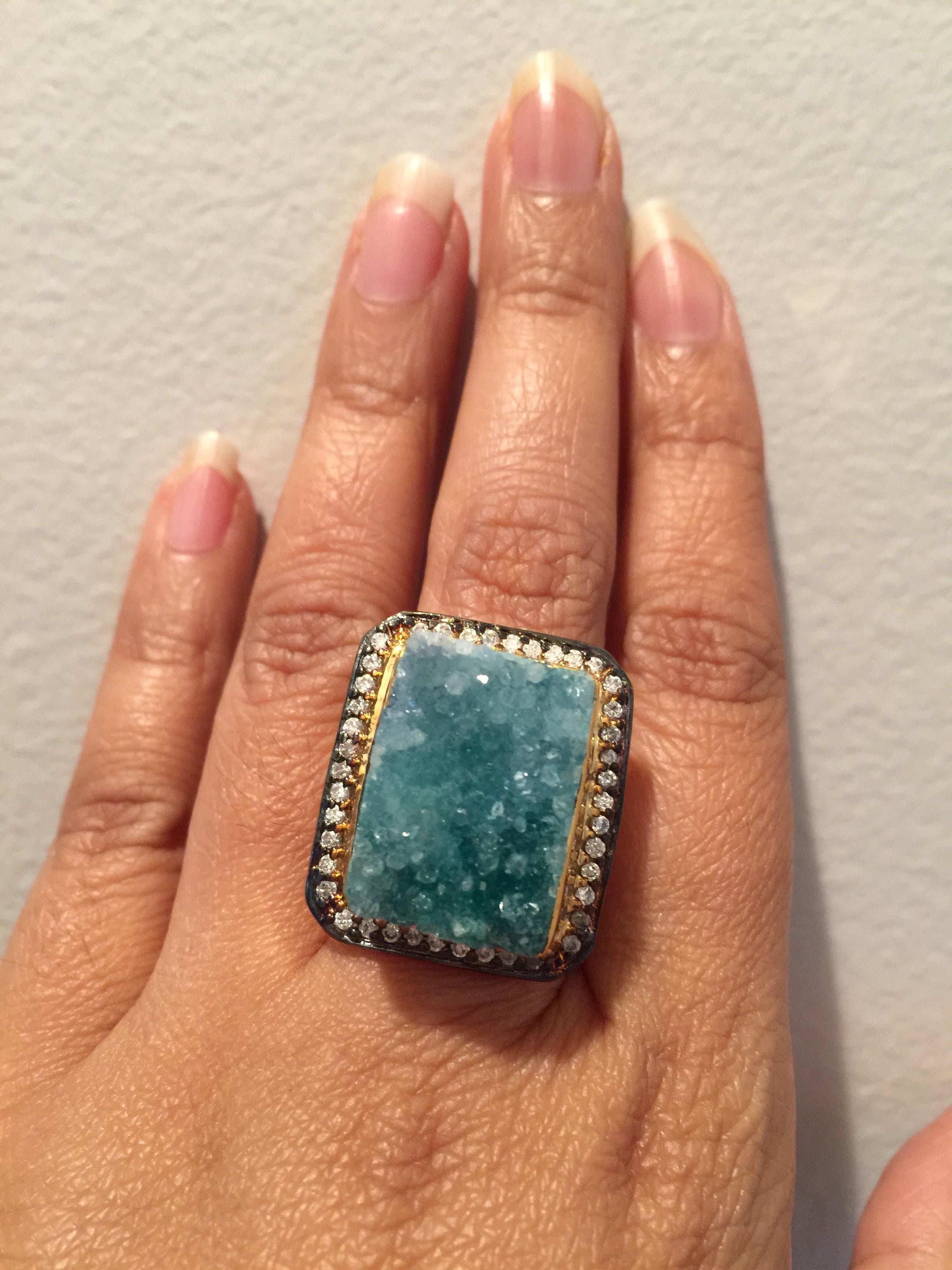 Modern Textured Geode Druzy Square Ring  For Sale