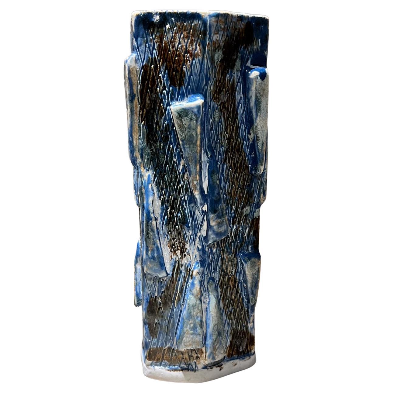 Textured Geometric Blue Vase Modern Studio Art Pottery