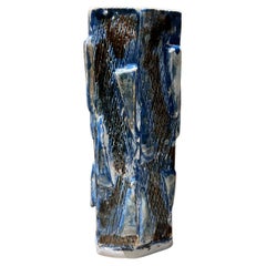 Textured Geometric Blue Vase Modern Studio Art Pottery