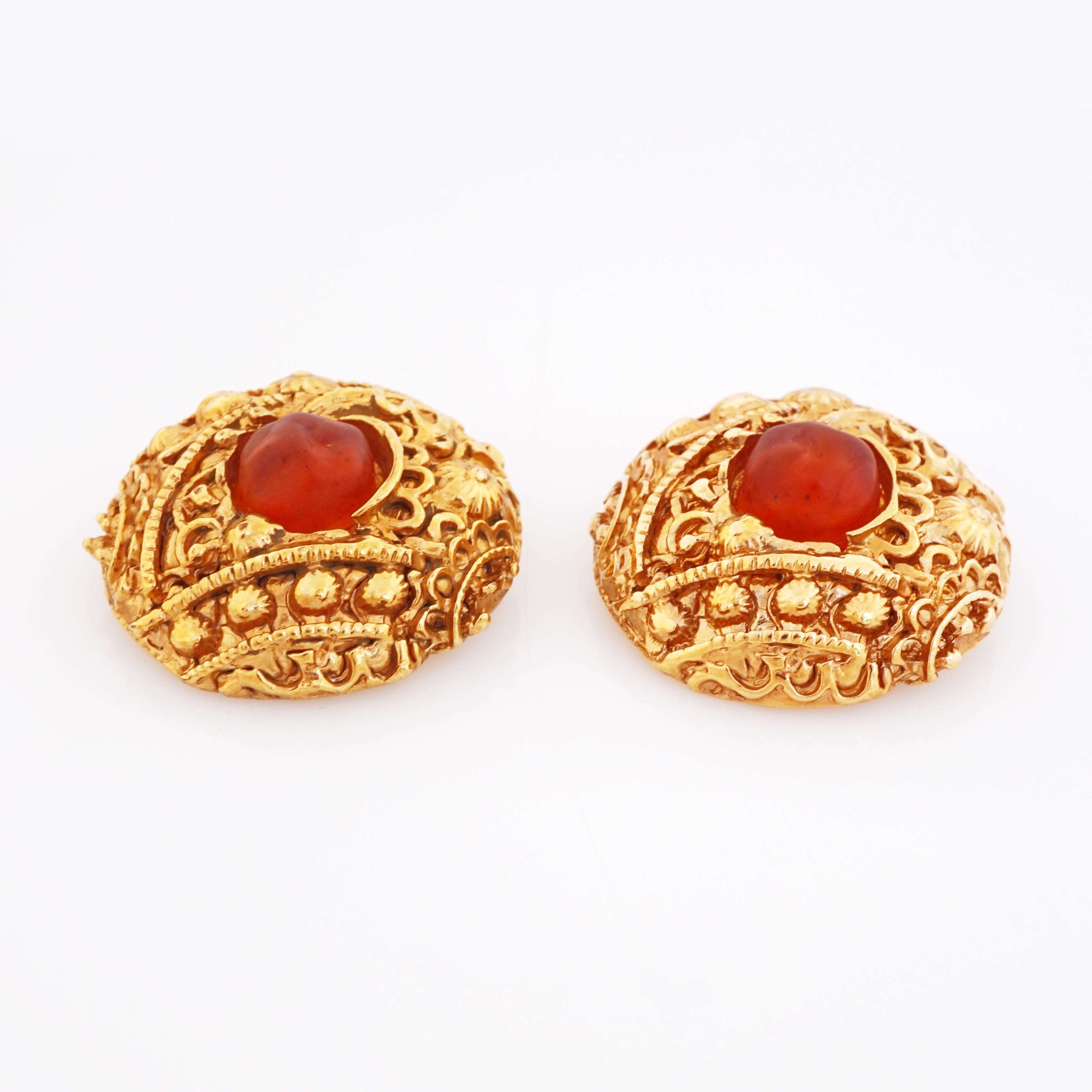 Modern Textured Gilt Statement Earrings With Amber Cabochons By Alexis Lahellec, 1980s For Sale