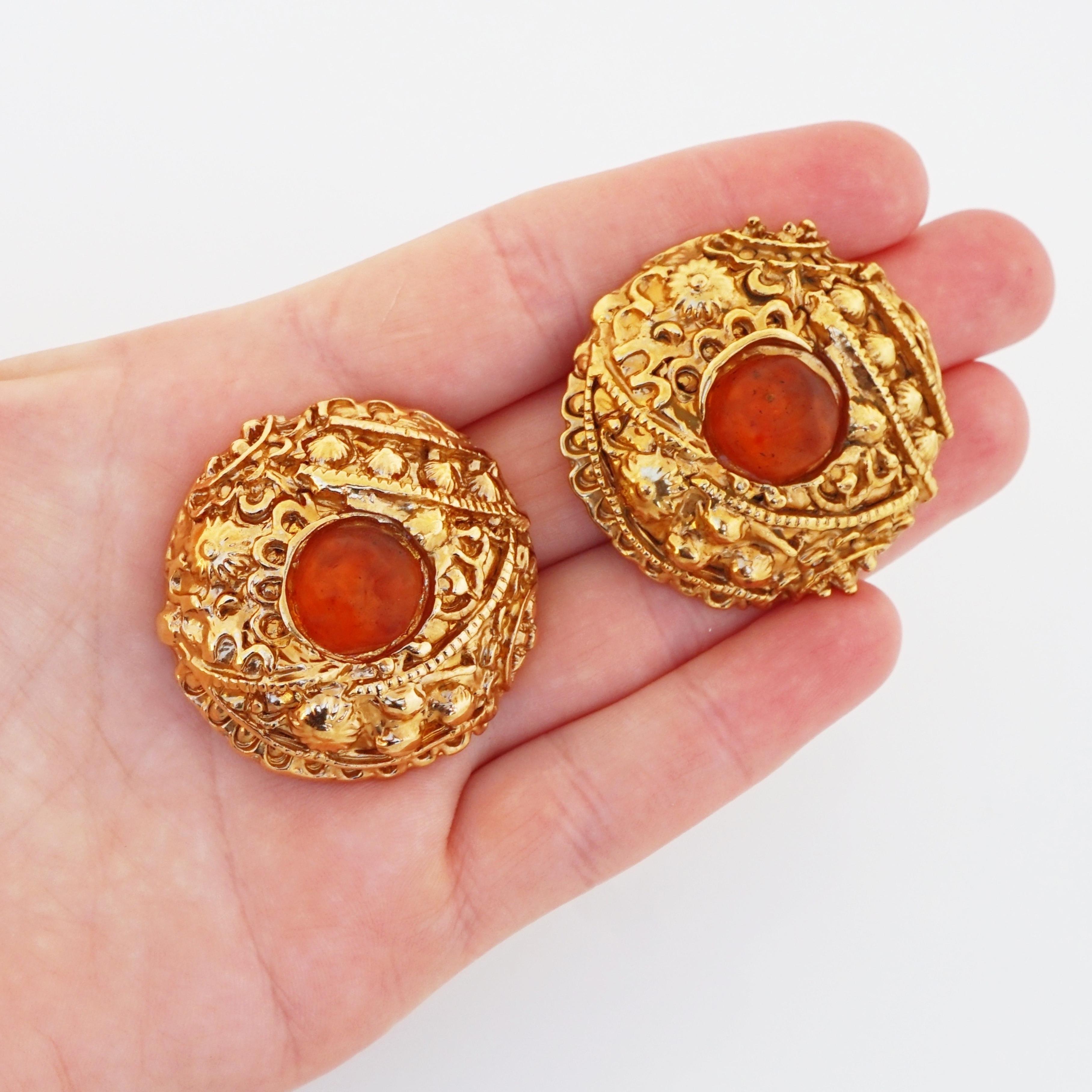 Textured Gilt Statement Earrings With Amber Cabochons By Alexis Lahellec, 1980s For Sale 2