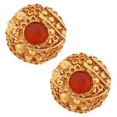 Textured Gilt Statement Earrings With Amber Cabochons By Alexis Lahellec, 1980s