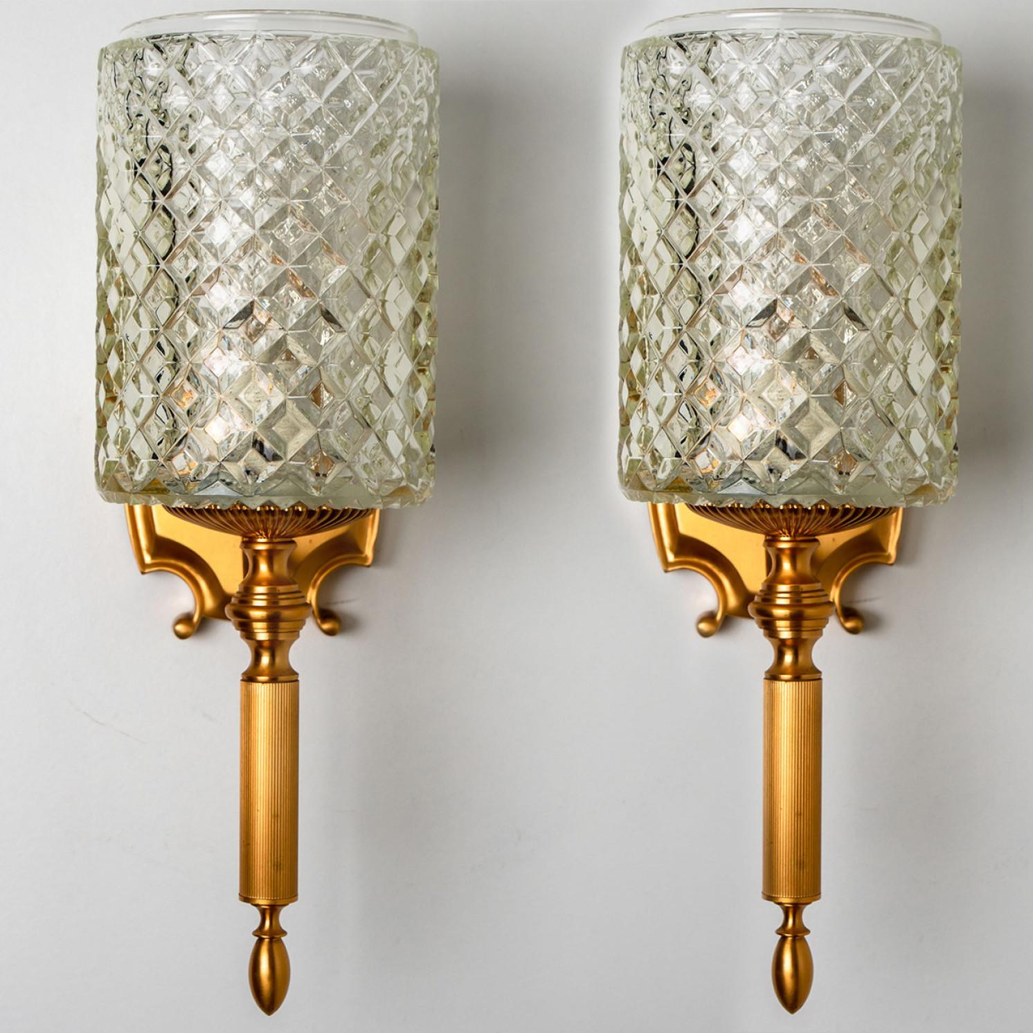 Mid-Century Modern Textured Glass and Brass Wall Lights, Germany, 1960s For Sale