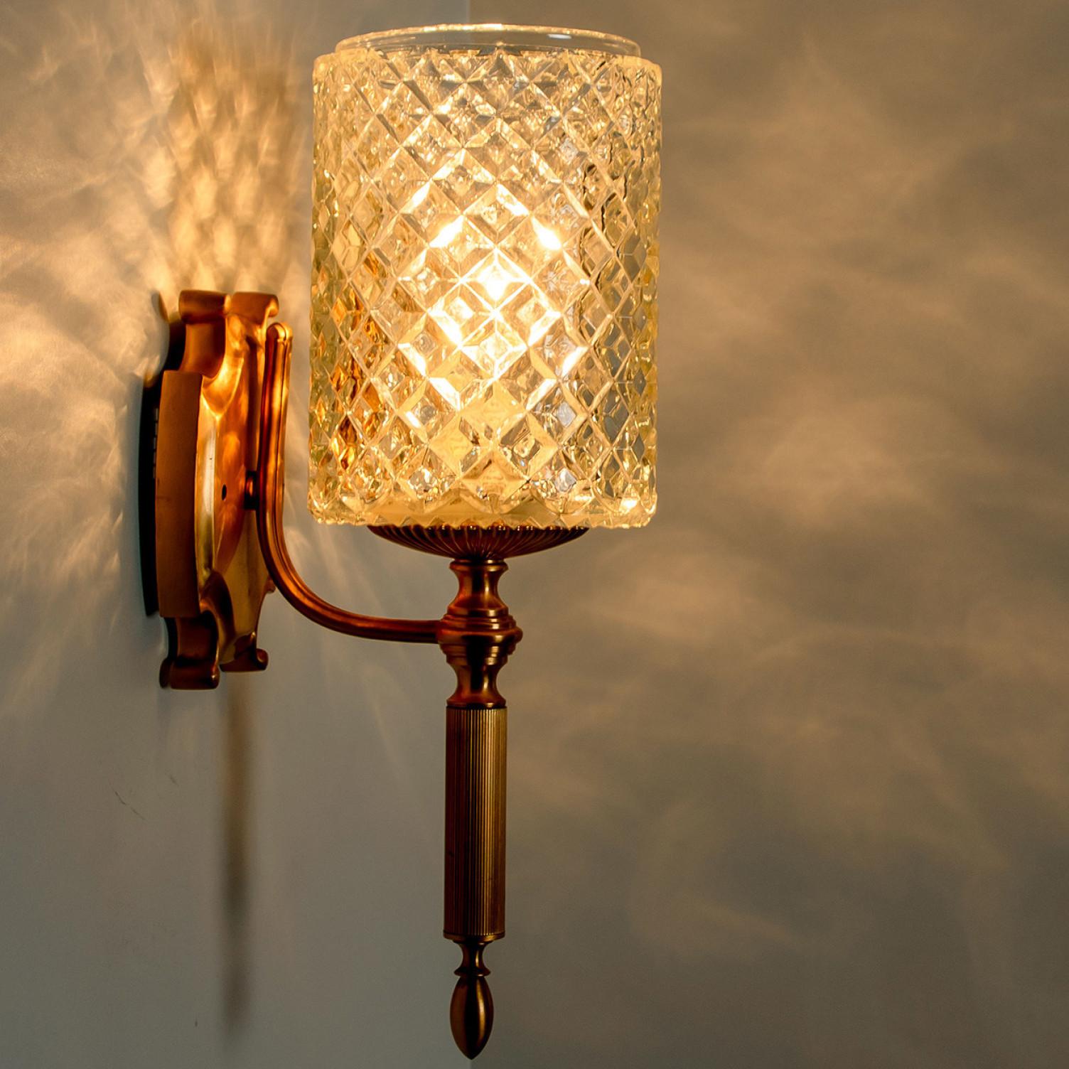 20th Century Textured Glass and Brass Wall Lights, Germany, 1960s For Sale