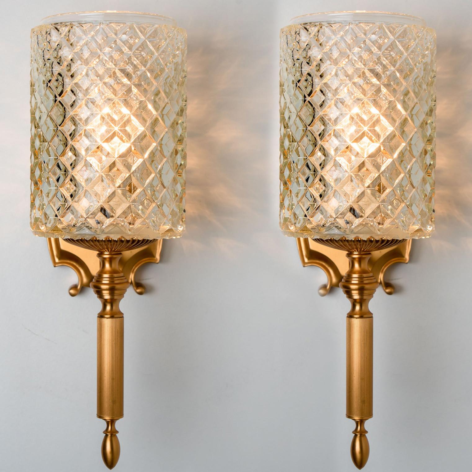 Textured Glass and Brass Wall Lights, Germany, 1960s For Sale 1
