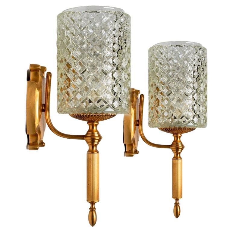 Textured Glass and Brass Wall Lights, Germany, 1960s For Sale