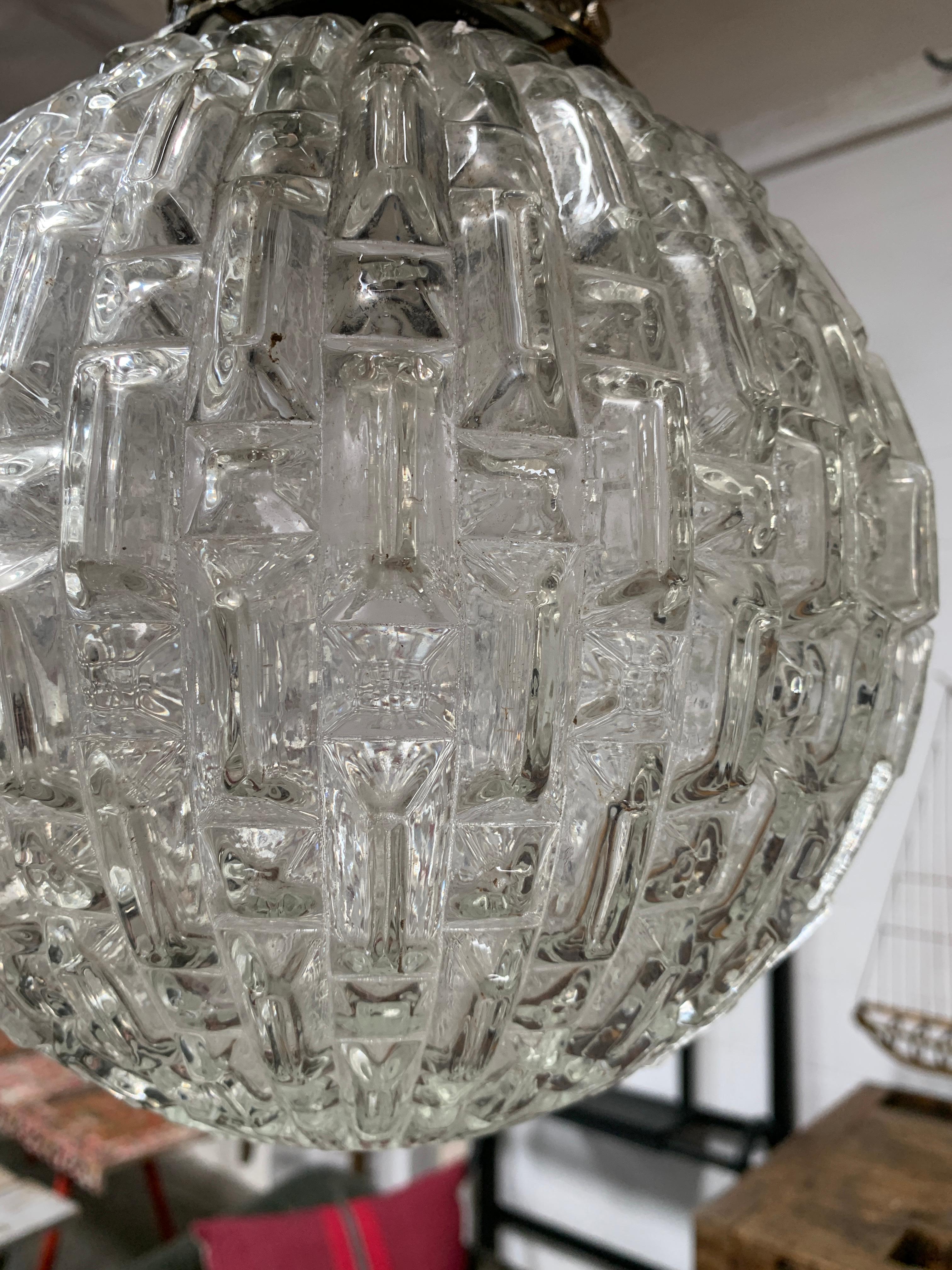 European Textured Glass Globe Pendant with Original Brass Fixture