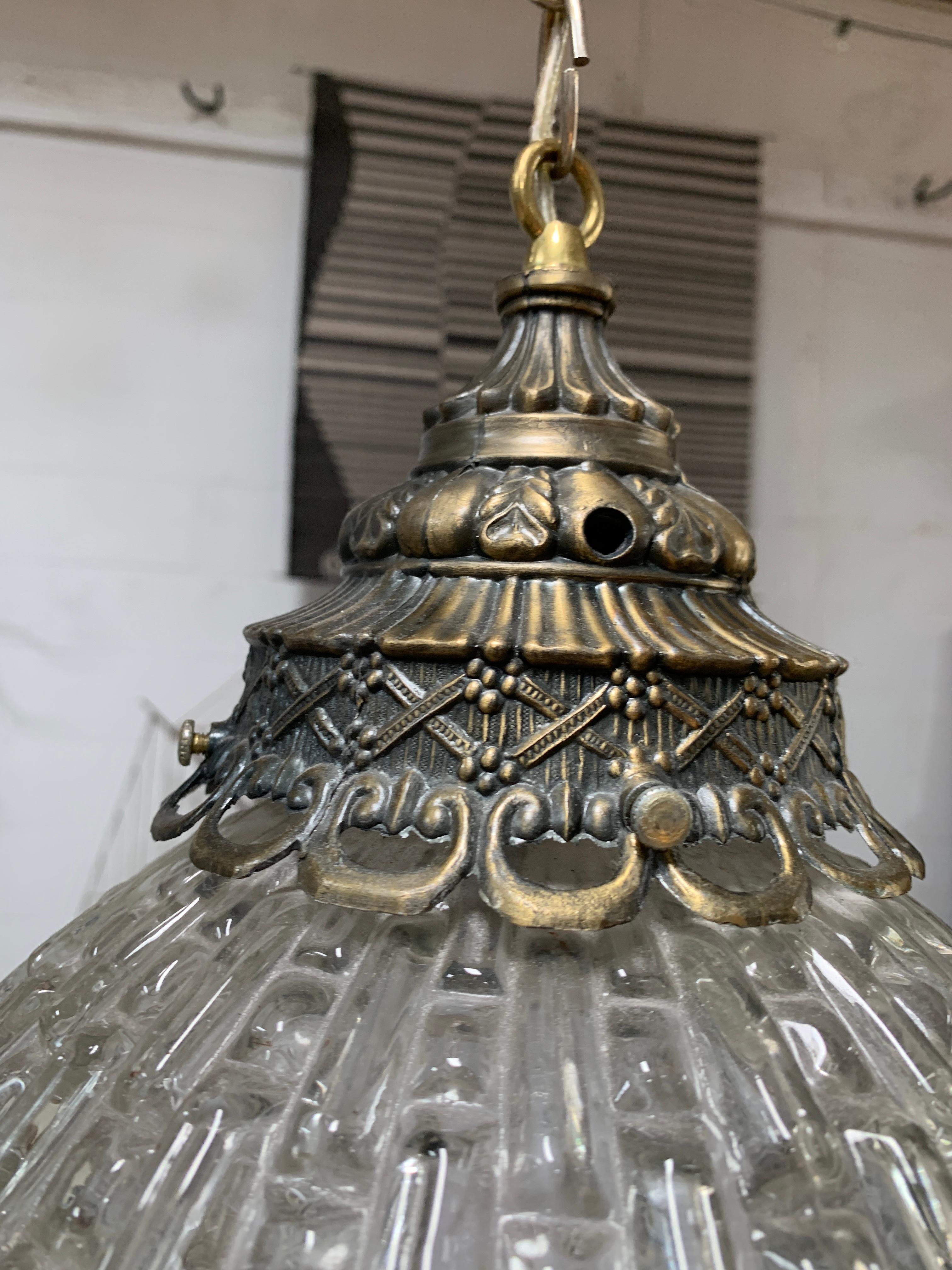 Textured Glass Globe Pendant with Original Brass Fixture In Good Condition In Los Angeles, CA