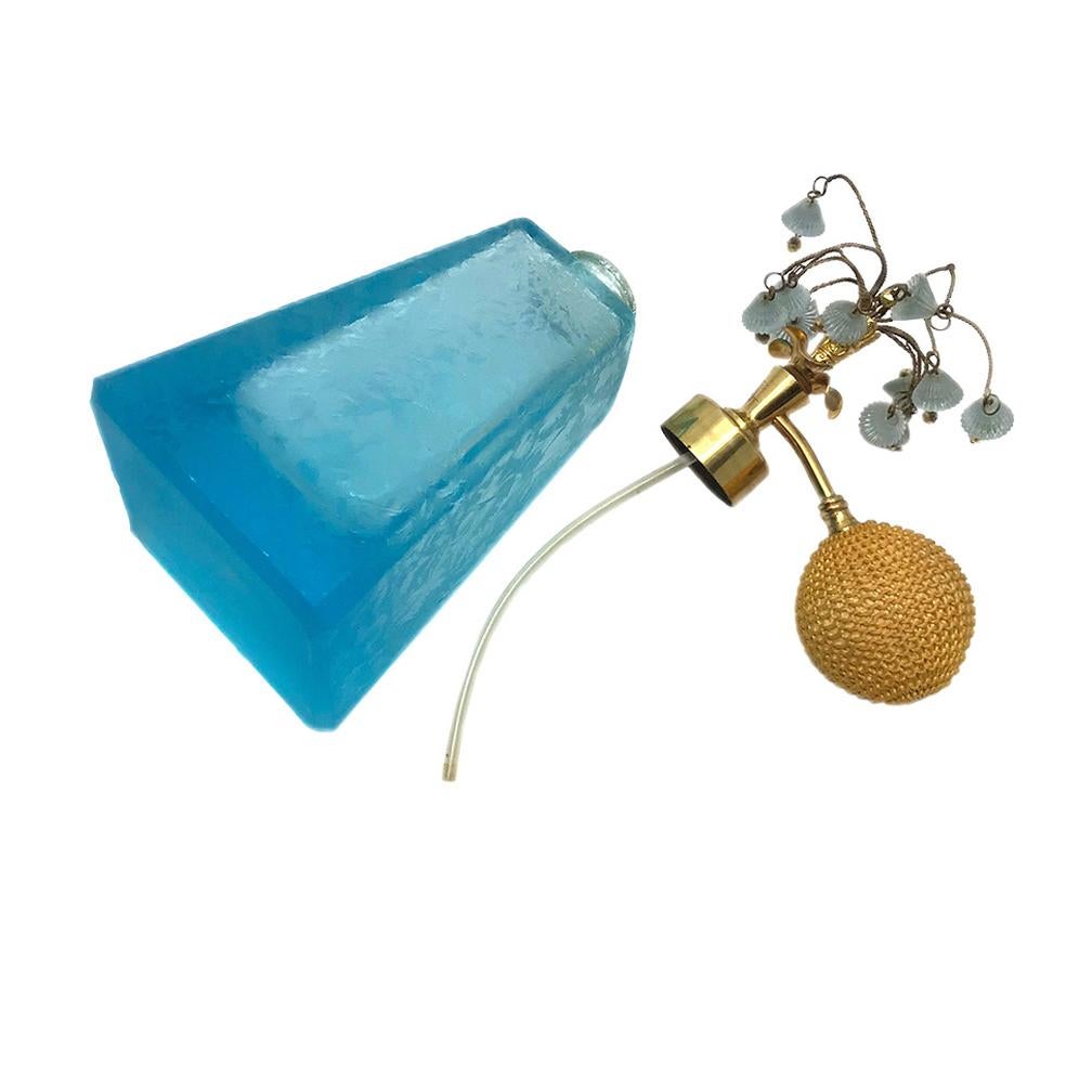 Post-War Textured Glass Perfume Bottle with Floral Atomizer Top