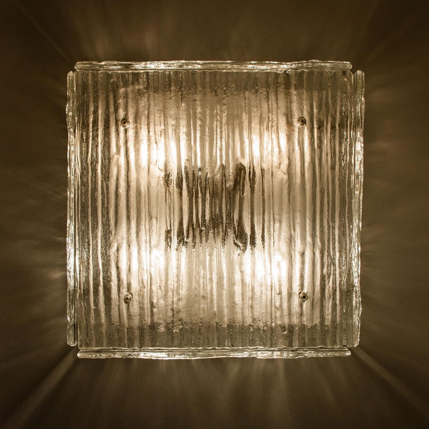 Metal Textured Glass Square Flush Mount by Kalmar, Austria 1960 For Sale