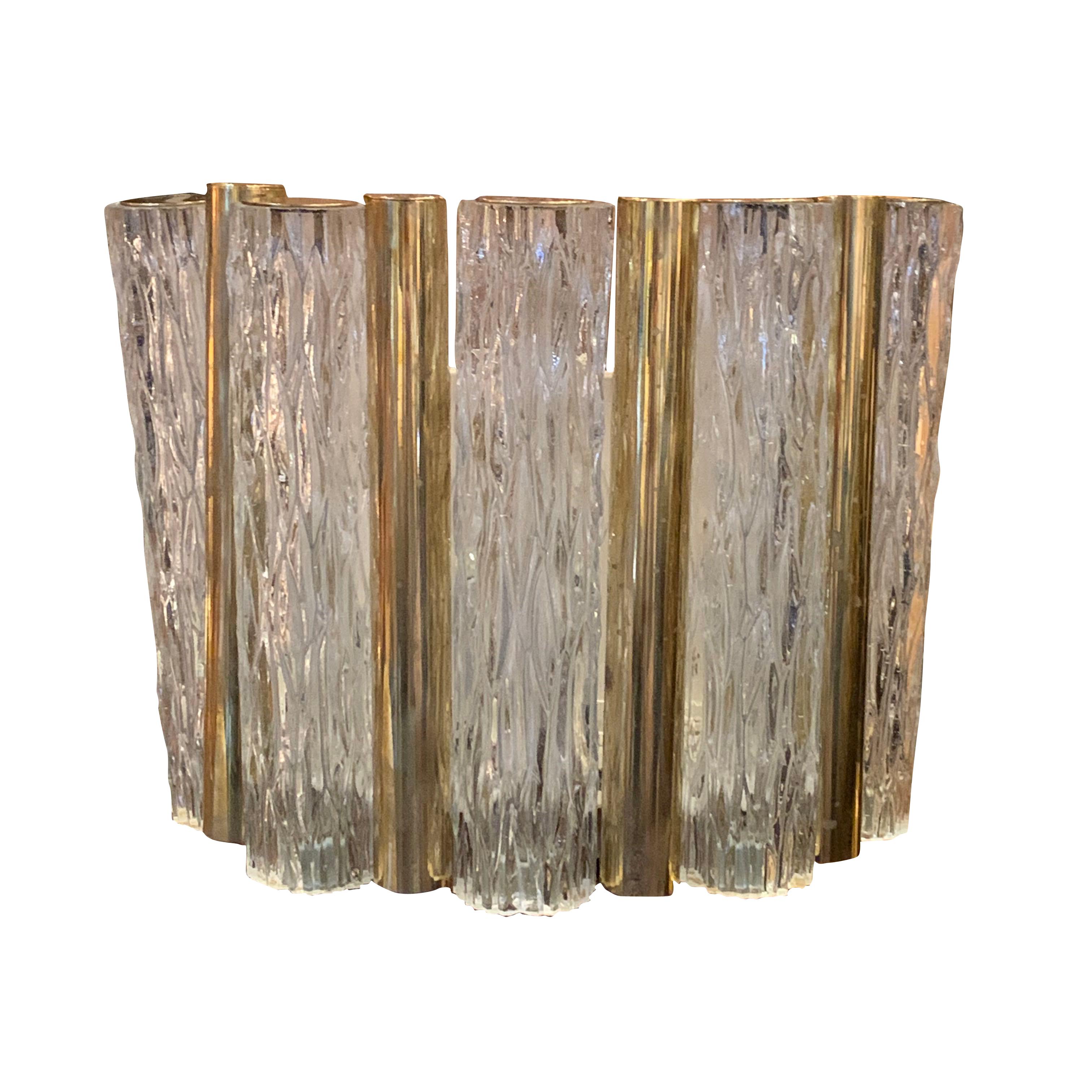 Texturierte Glas-Wandleuchter in Röhrenform mit Messingbesatz, Frankreich, Mitte des Jahrhunderts (Französisch) im Angebot