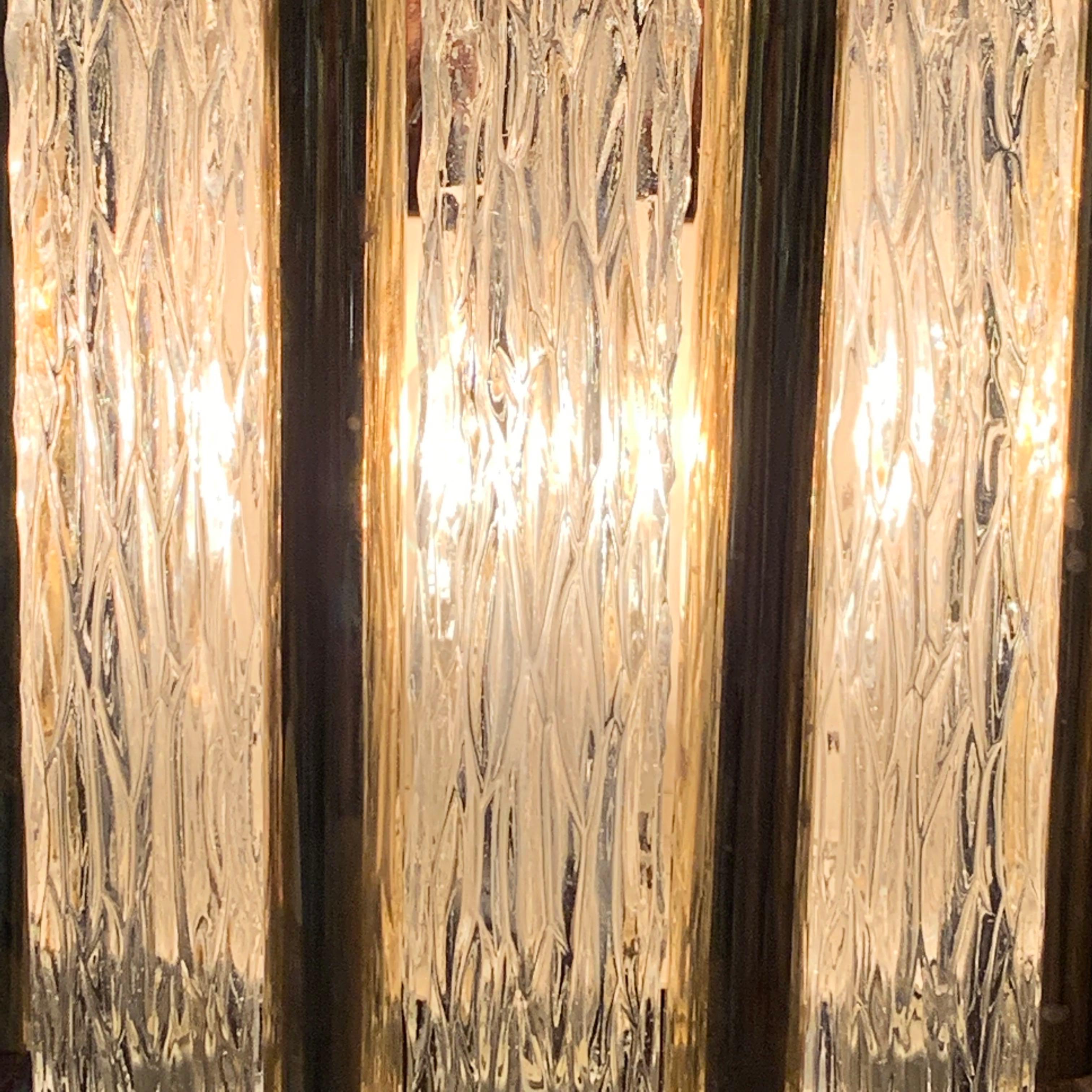 Textured Glass Tube Shape Sconces with Brass Trim, France, Midcentury In Good Condition For Sale In New York, NY