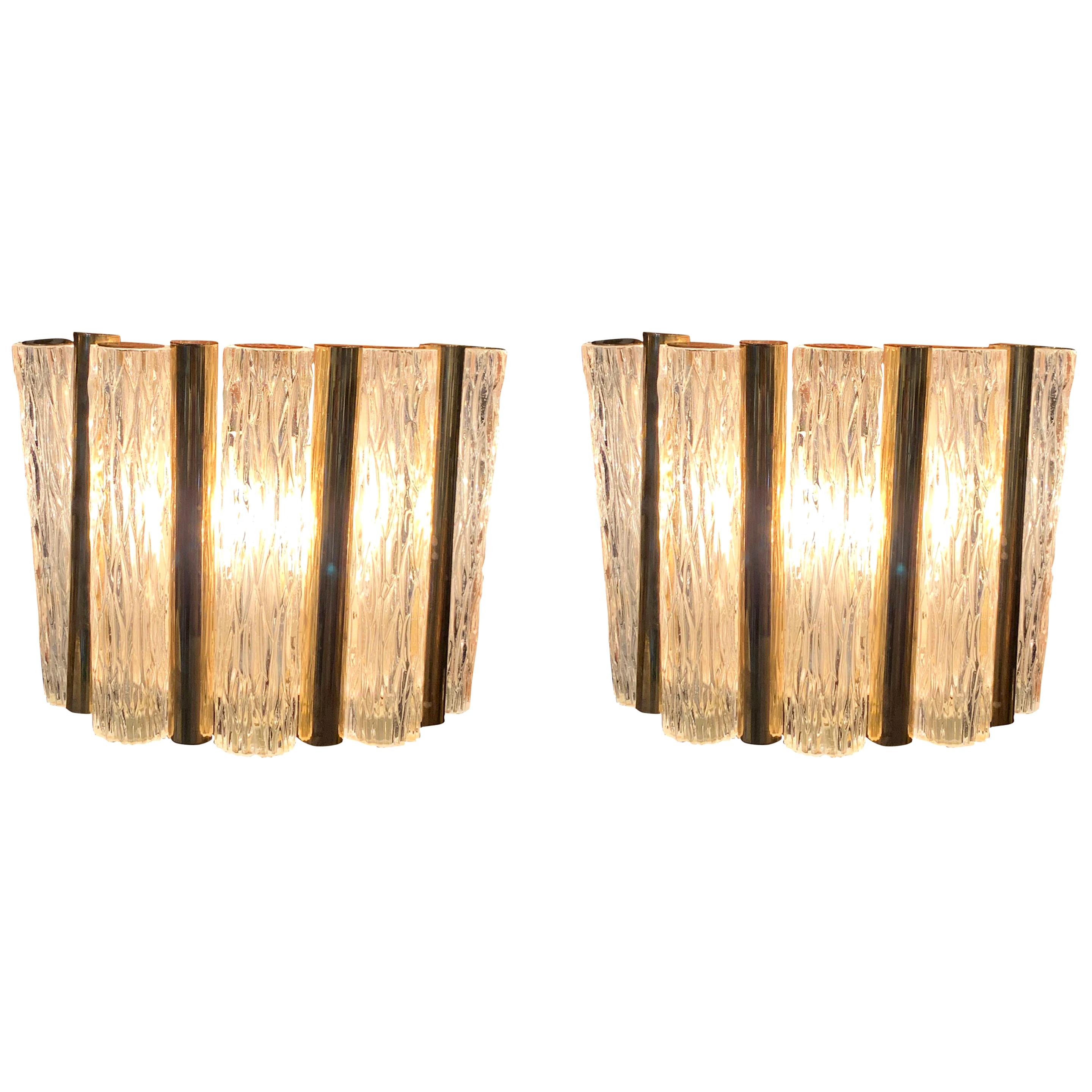 Textured Glass Tube Shape Sconces with Brass Trim, France, Midcentury