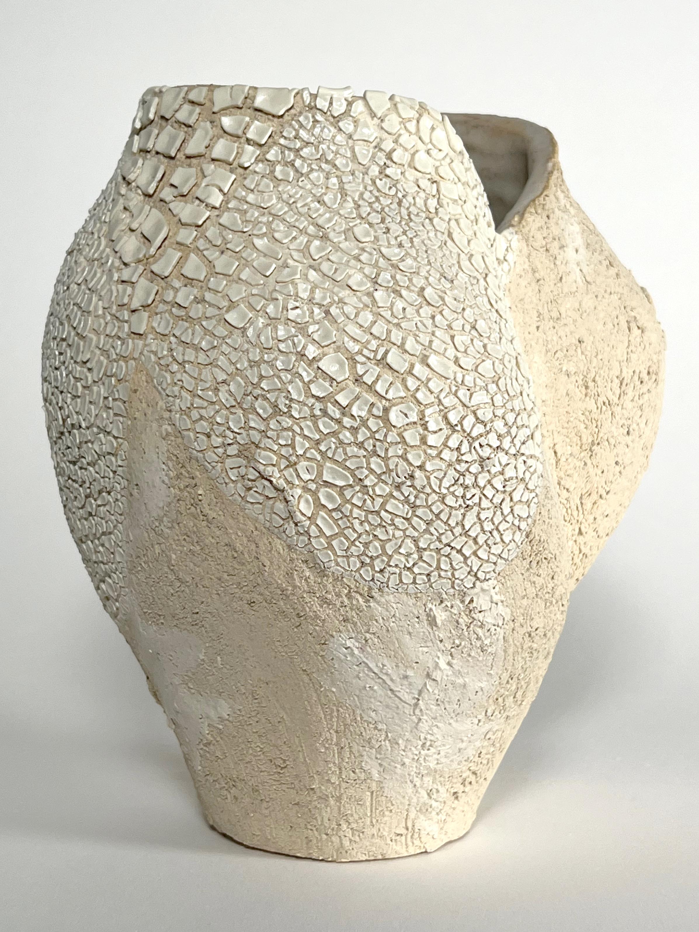 Contemporary Textured Glaze White Ceramic Vessel- Lost Quarry -Handcrafted Organic Modern For Sale