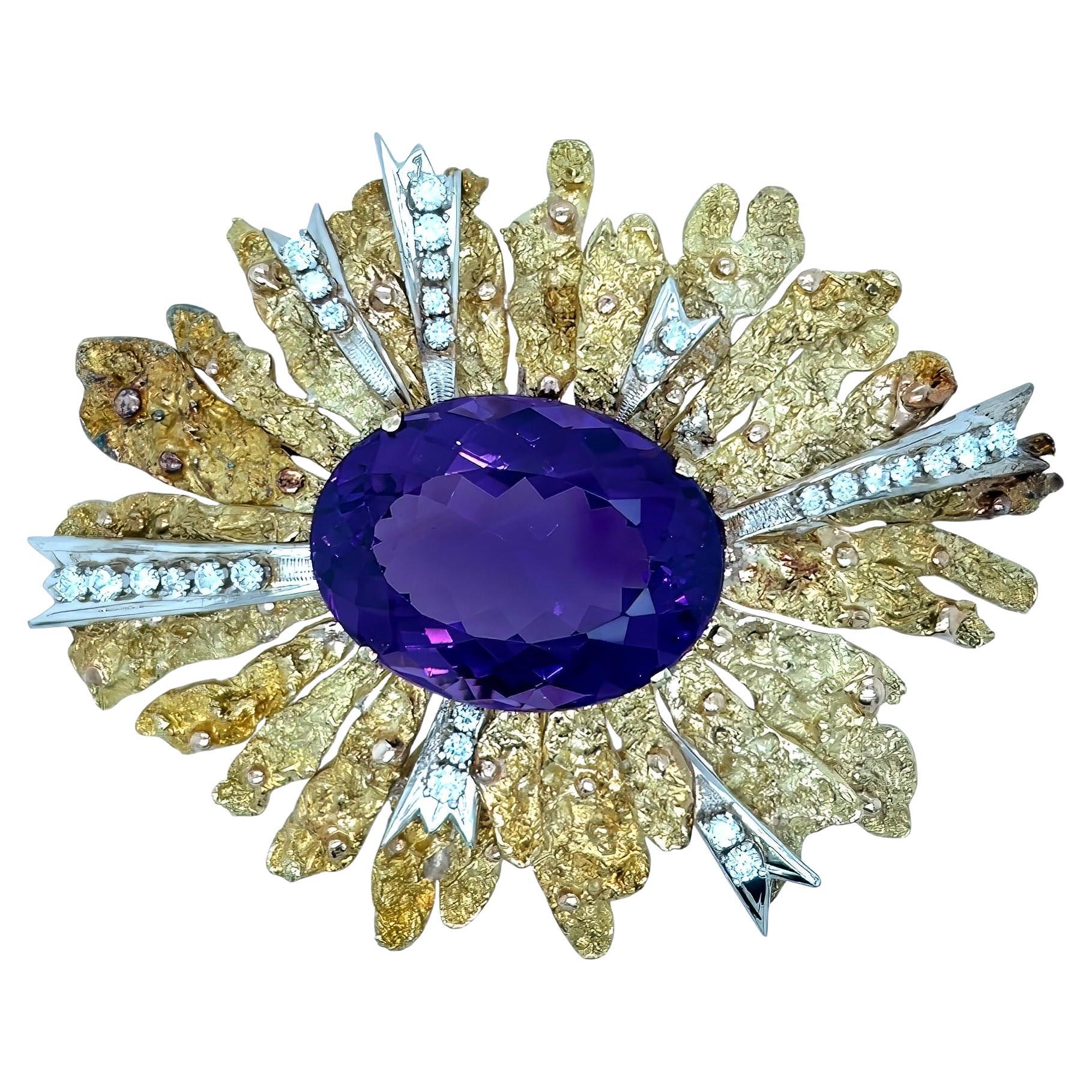 Textured Gold Amethyst Sunburst Brooch For Sale