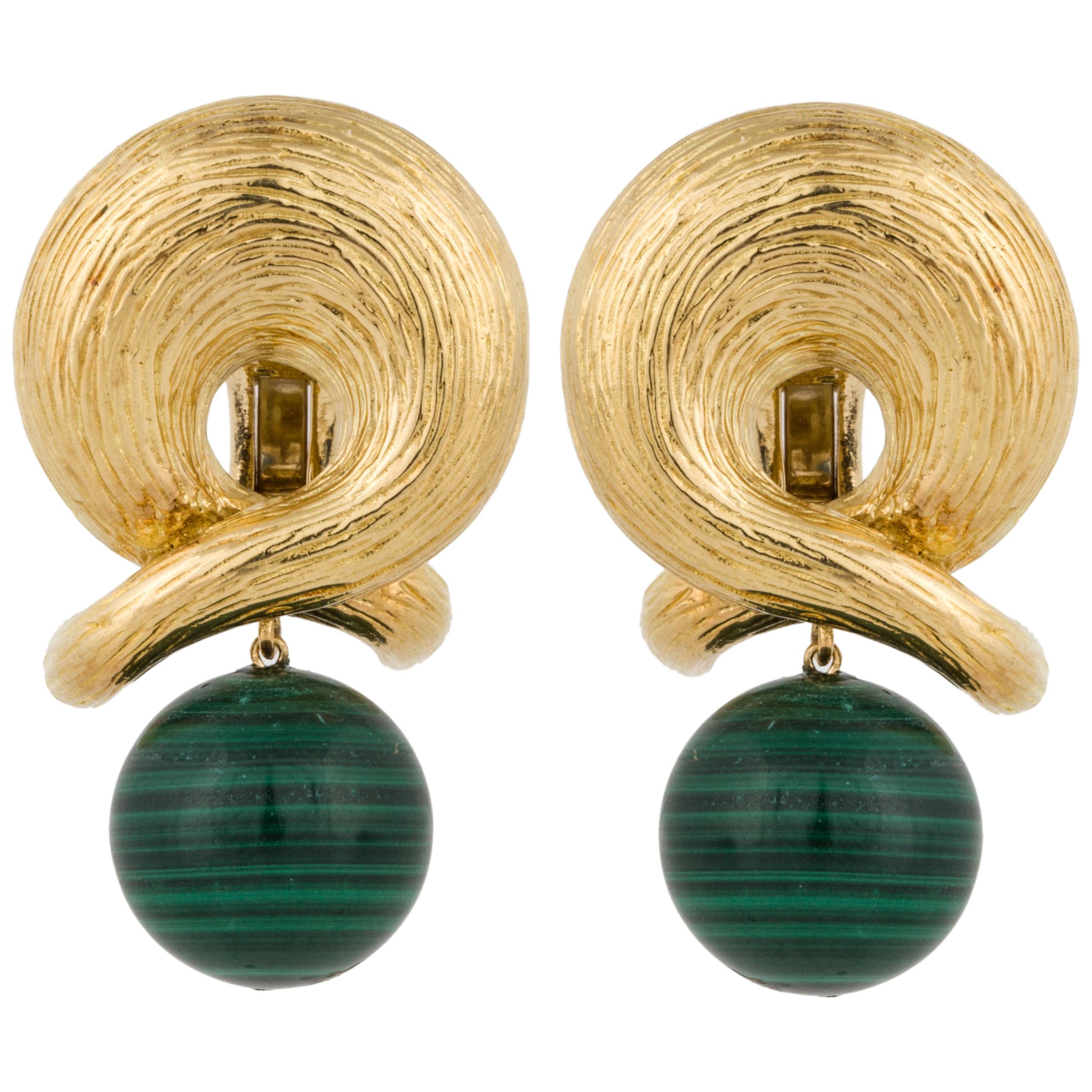 Textured Gold Earrings with Malachite Drops