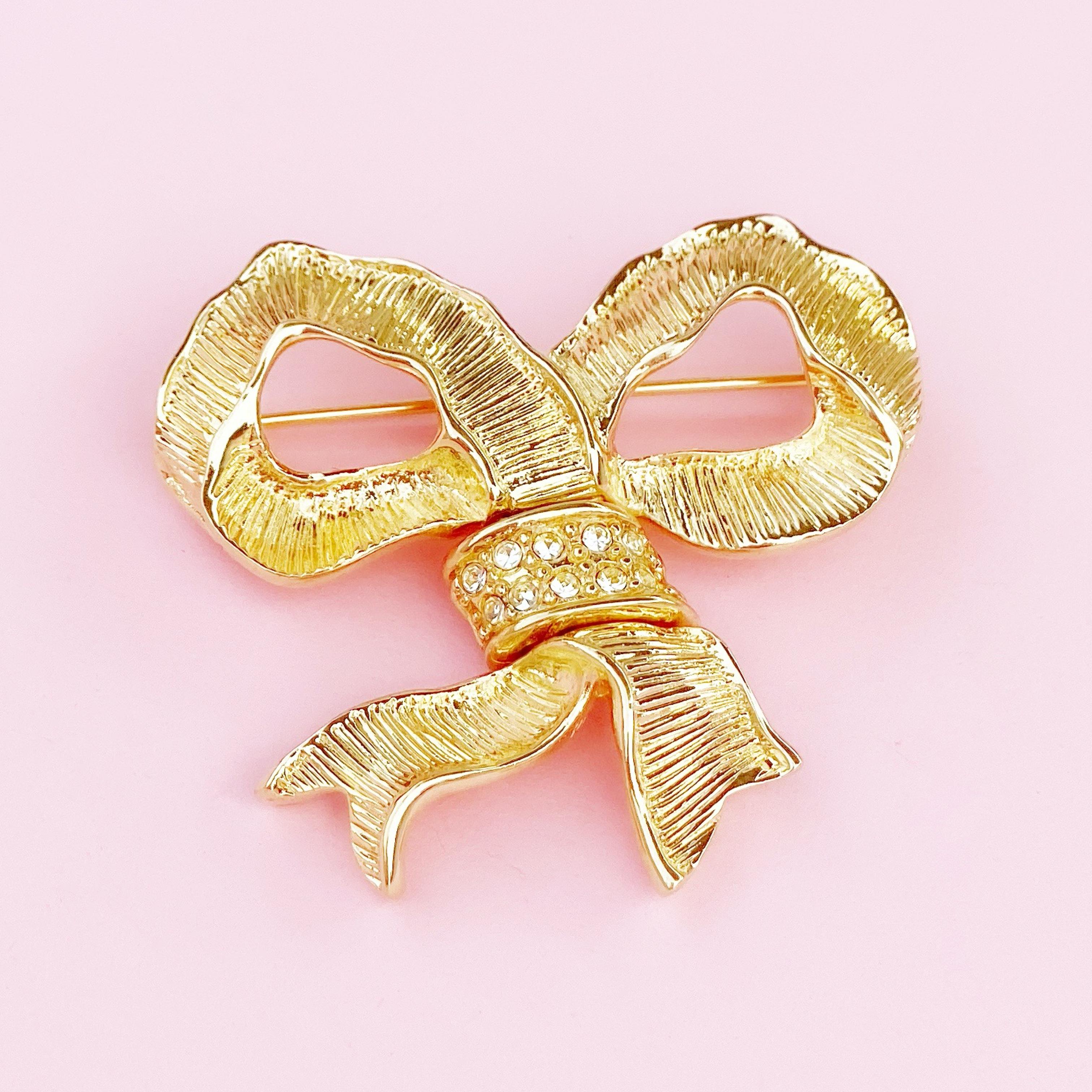 Modern Textured Gold Bow Brooch With Crystal Rhinestone Accents, 1980s