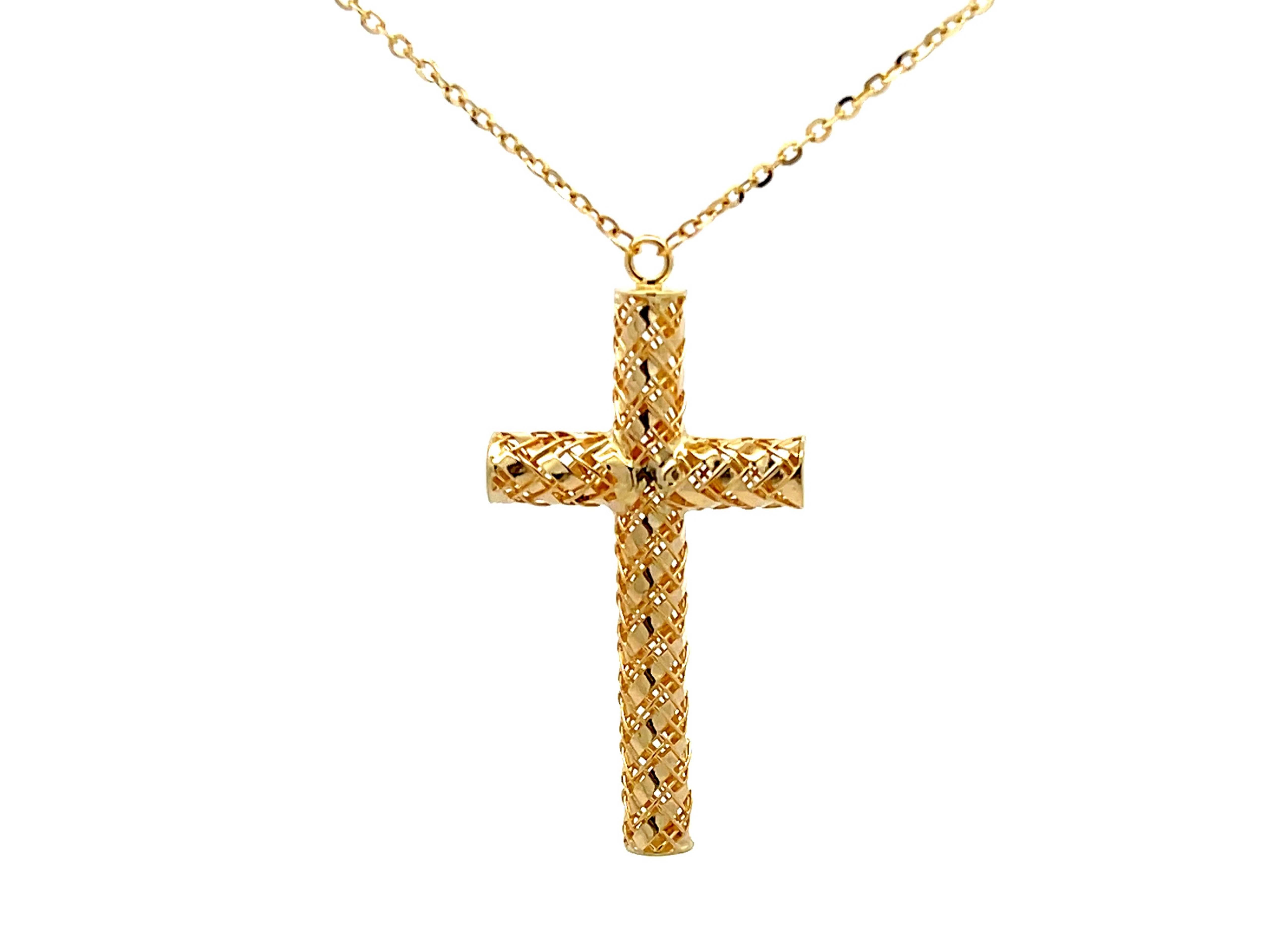 Textured Gold Cross Necklace in 14Karat Yellow Gold For Sale 1