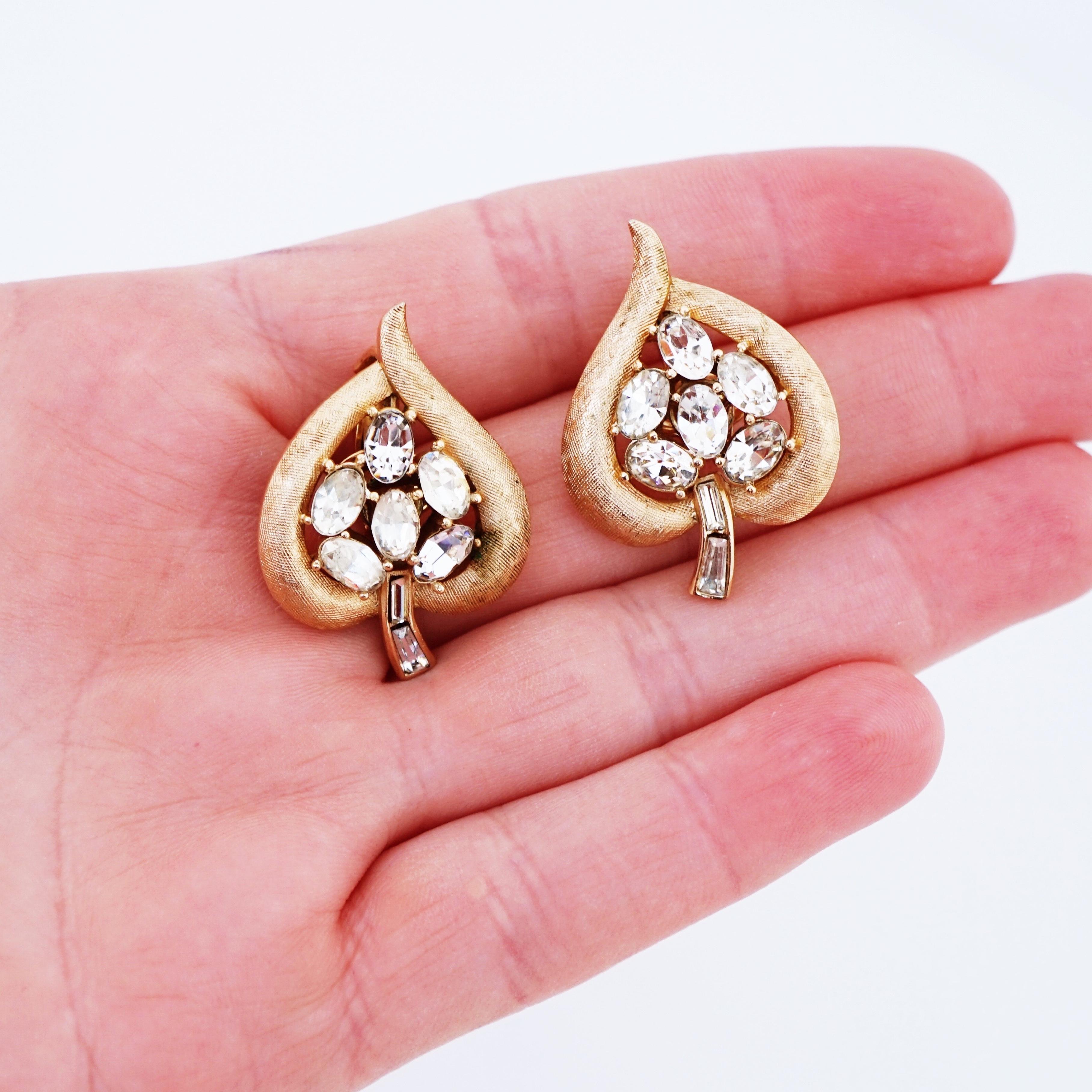 Modern Textured Gold Crystal Encrusted Heart Leaf Earrings By Crown Trifari, 1950s