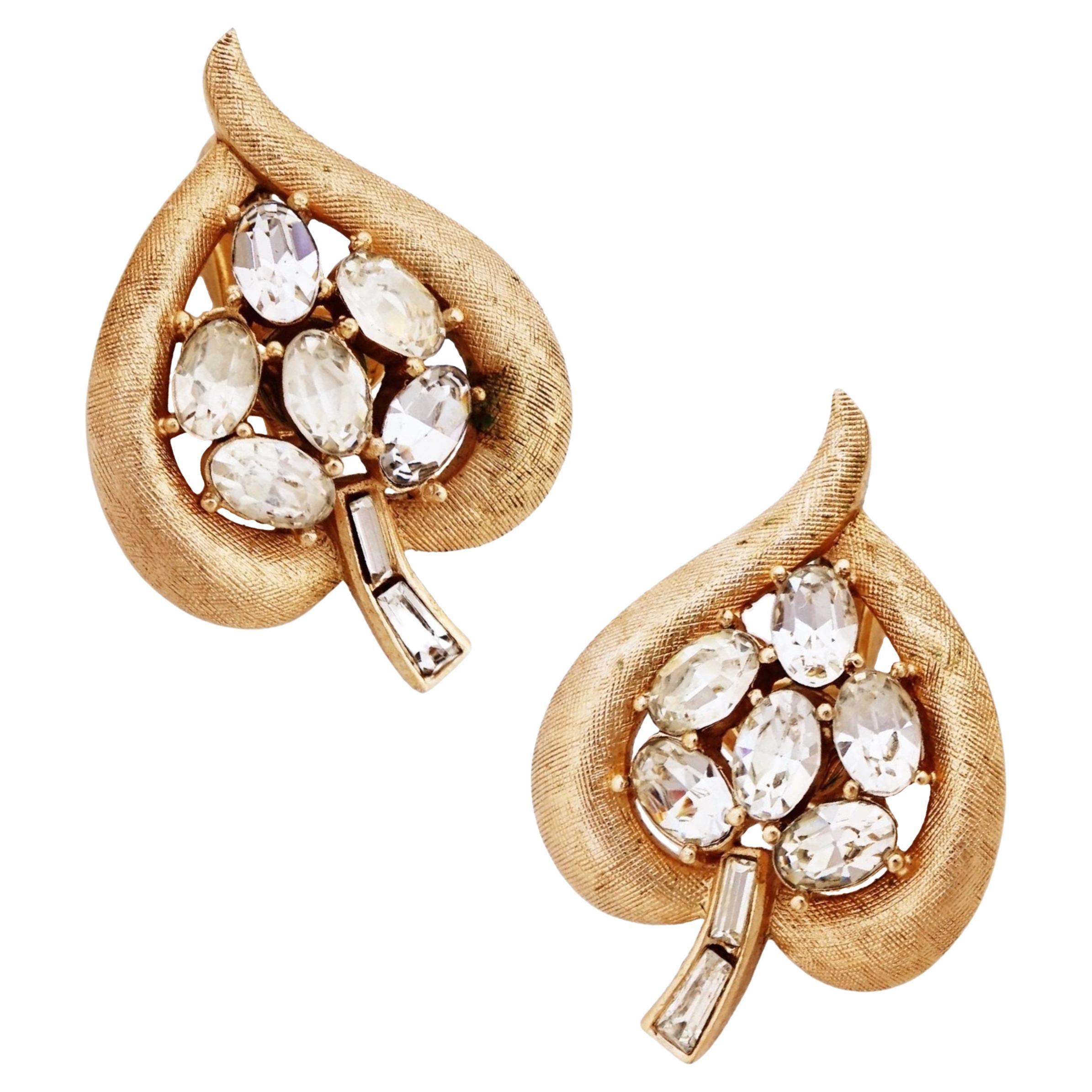 Textured Gold Crystal Encrusted Heart Leaf Earrings By Crown Trifari, 1950s