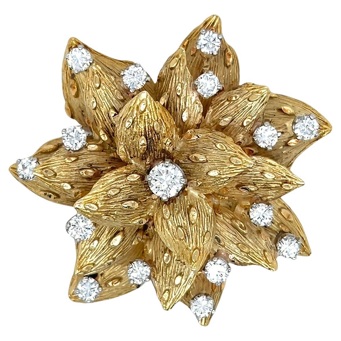 Textured Gold Diamond Flower Brooch For Sale