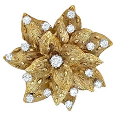 Textured Gold Diamond Flower Brooch