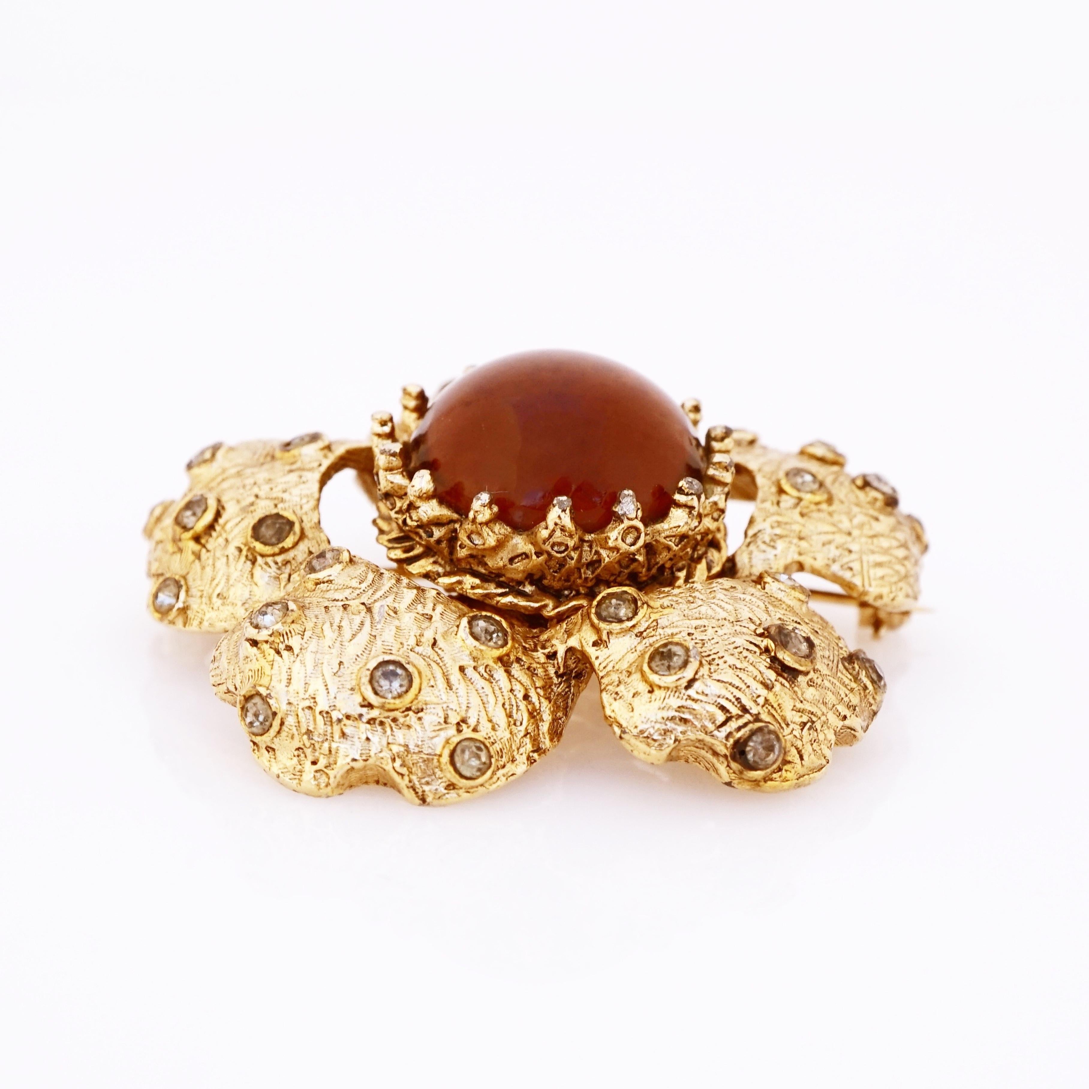 Modern Textured Gold Flower Brooch With Topaz Glass Cabochon By Hobé, 1970s