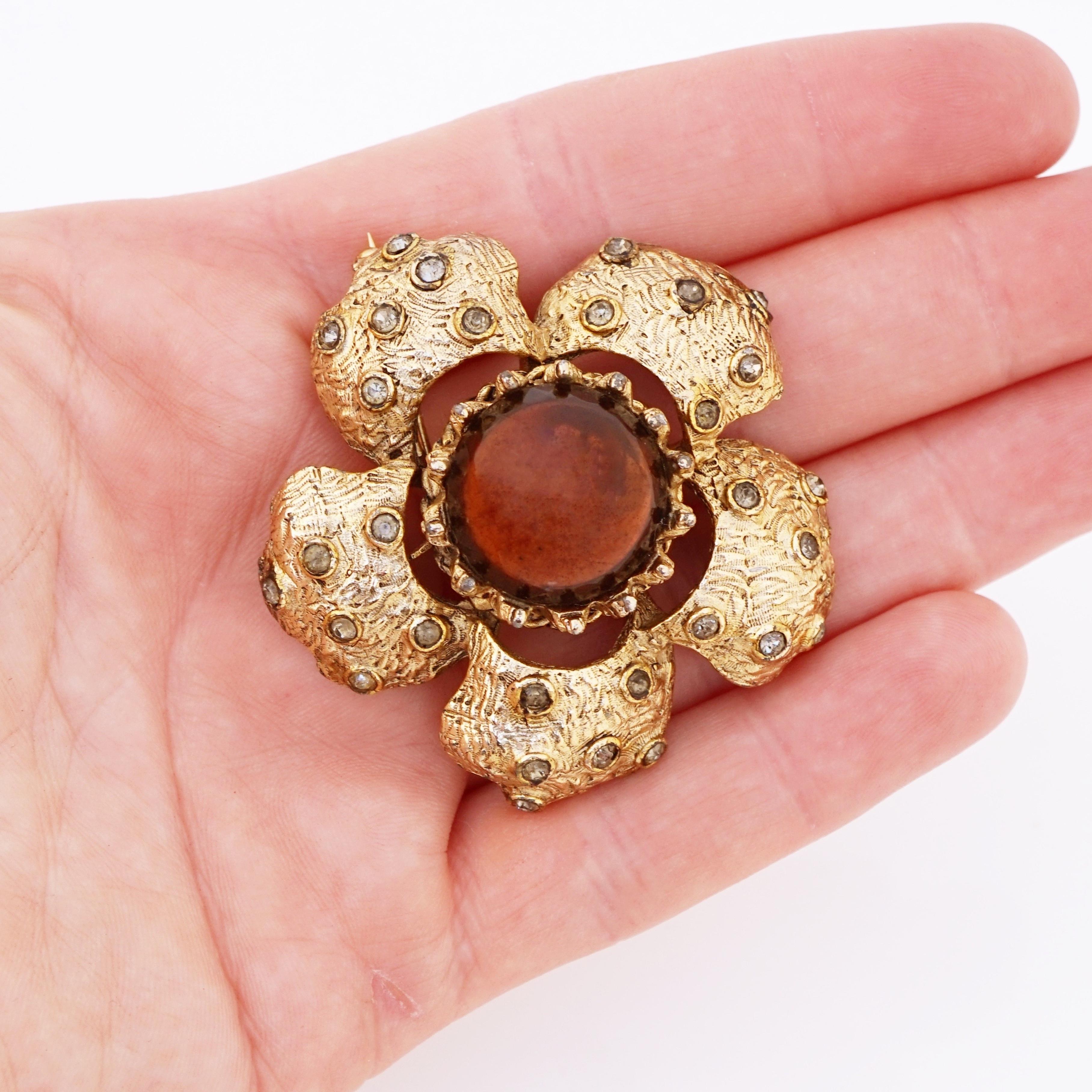 Textured Gold Flower Brooch With Topaz Glass Cabochon By Hobé, 1970s 1