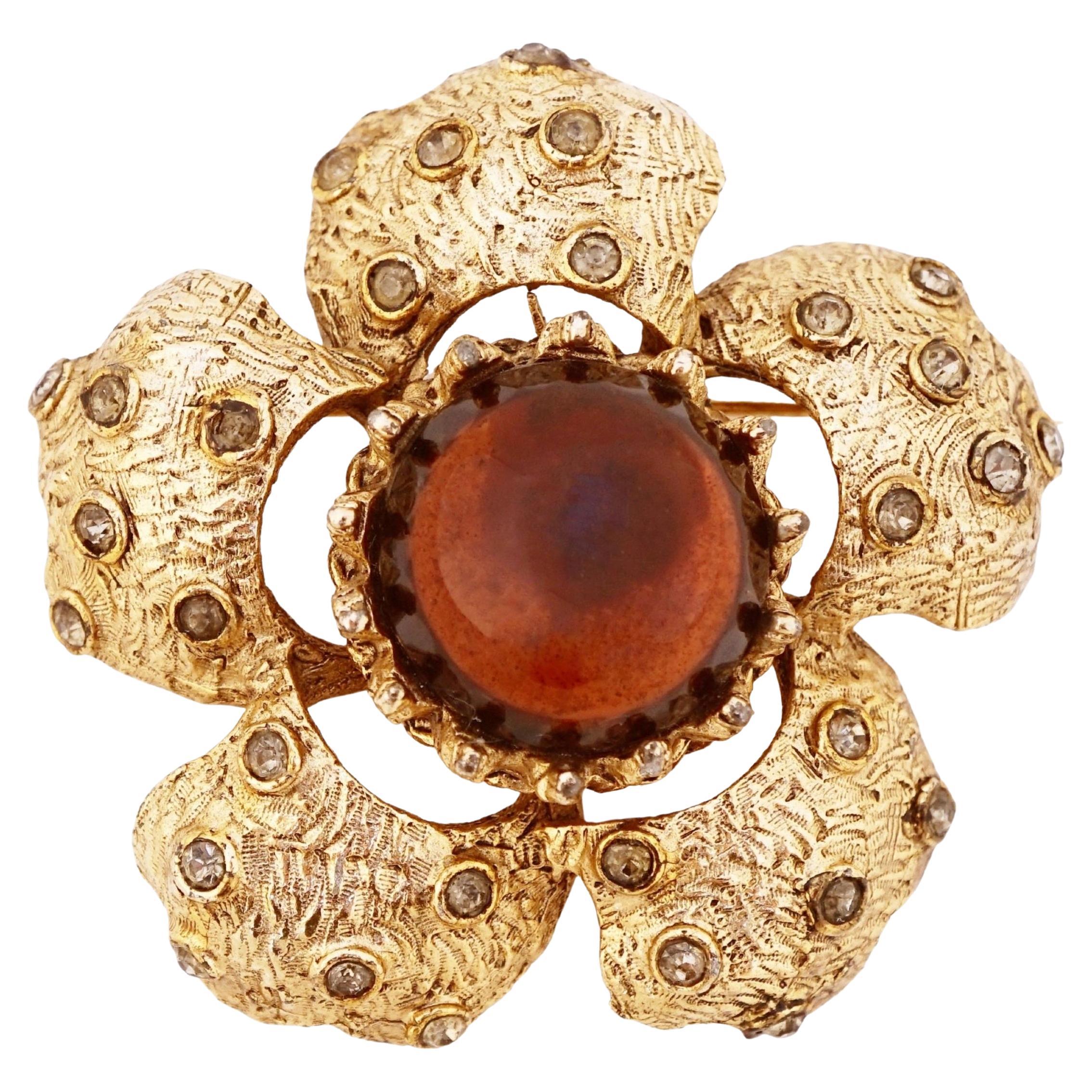Textured Gold Flower Brooch With Topaz Glass Cabochon By Hobé, 1970s