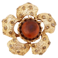 Textured Gold Flower Brooch With Topaz Glass Cabochon By Hobé, 1970s