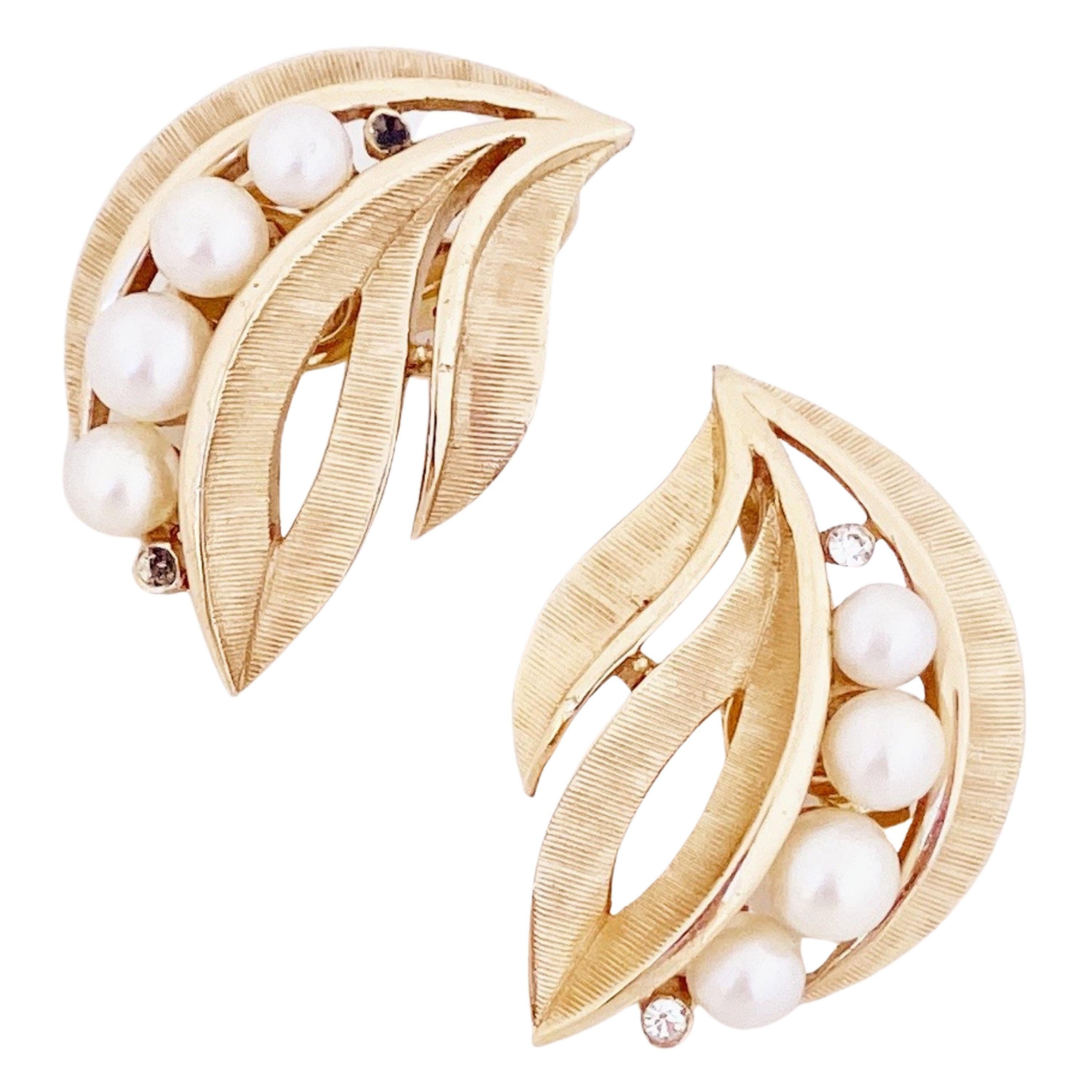 Textured Gold Leaf Earrings With Pearl Accents By Crown Trifari, 1960s