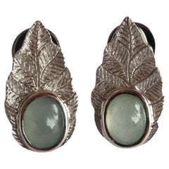 Textured Gold Leaf Stud Earrings with Burmese Natural Type A Jade by Burma JARS