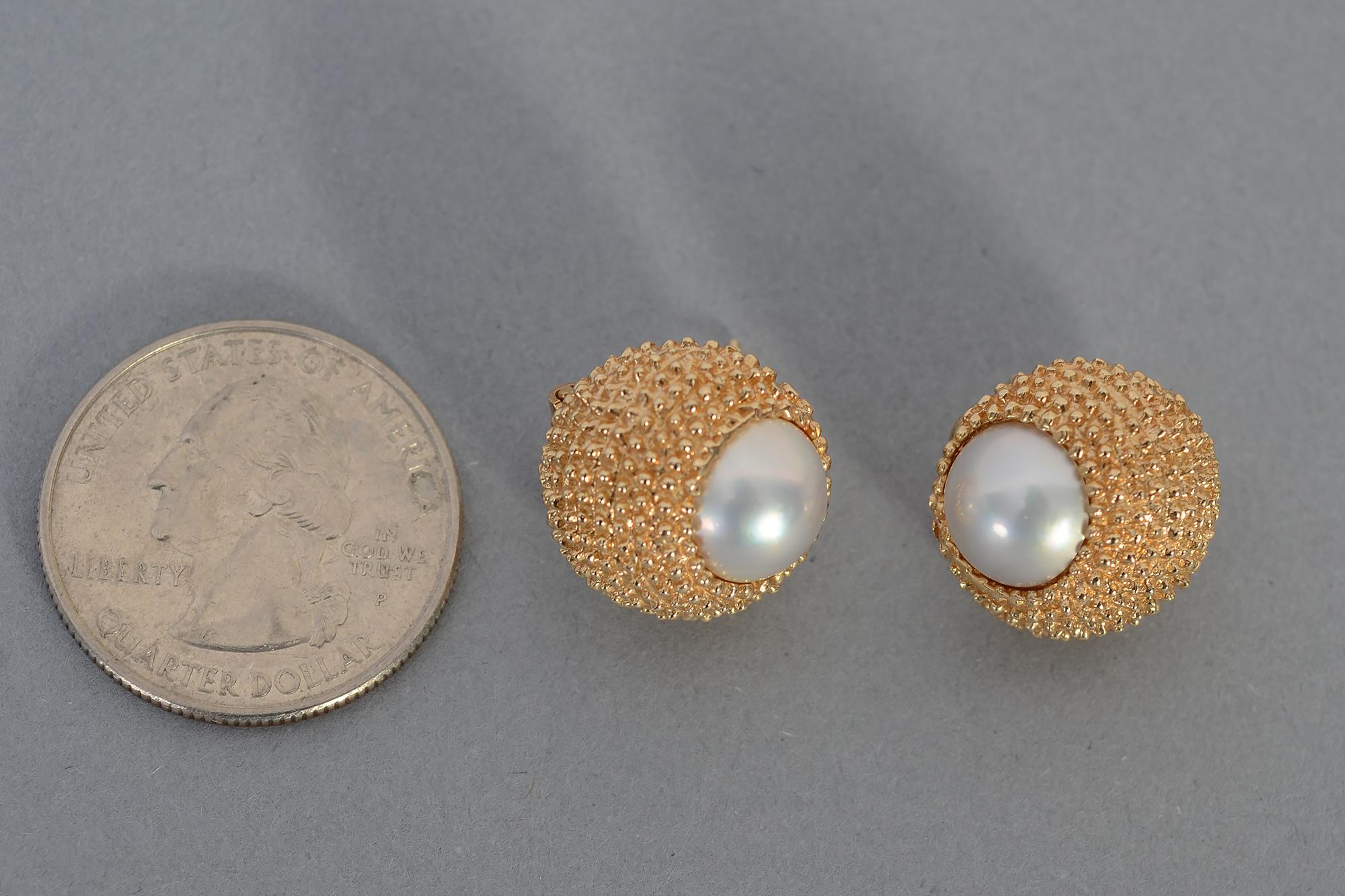 Modern Textured Gold Pearl Earrings