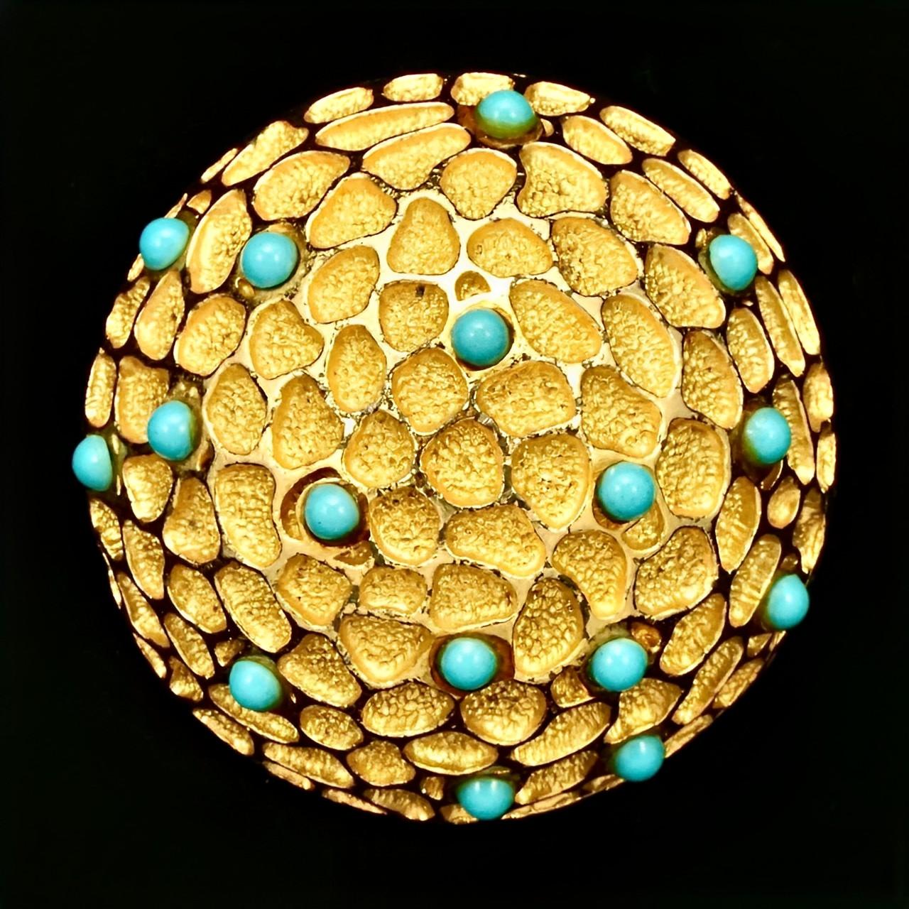 Women's or Men's Textured Gold Plated Faux Turquoise Glass Dome Brooch circa 1970s For Sale