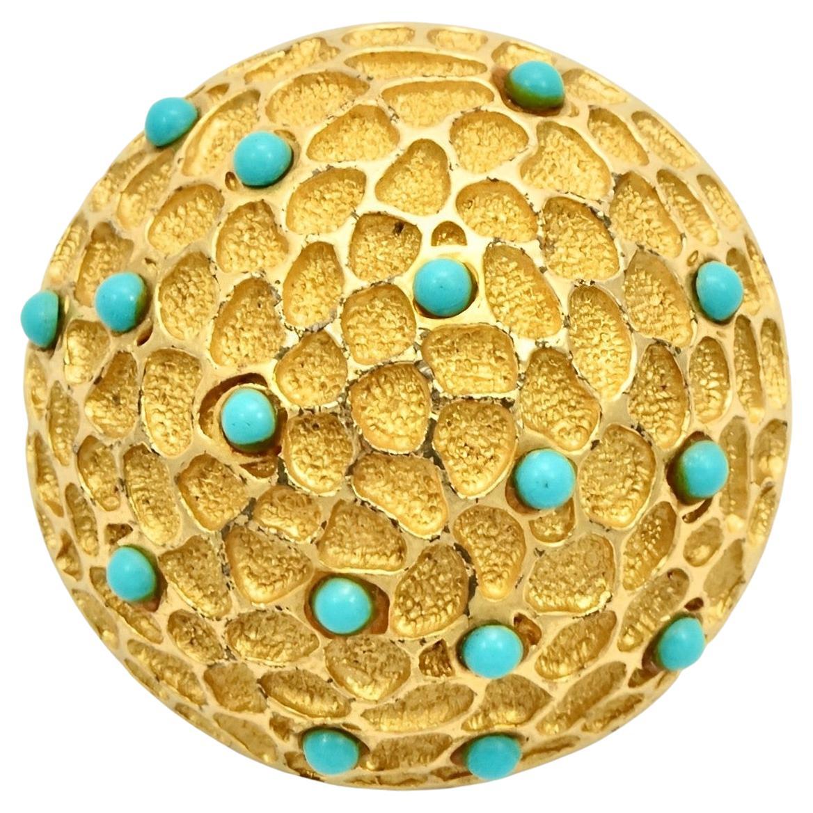 Textured Gold Plated Faux Turquoise Glass Dome Brooch circa 1970s For Sale