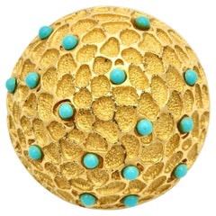 Retro Textured Gold Plated Faux Turquoise Glass Dome Brooch circa 1970s