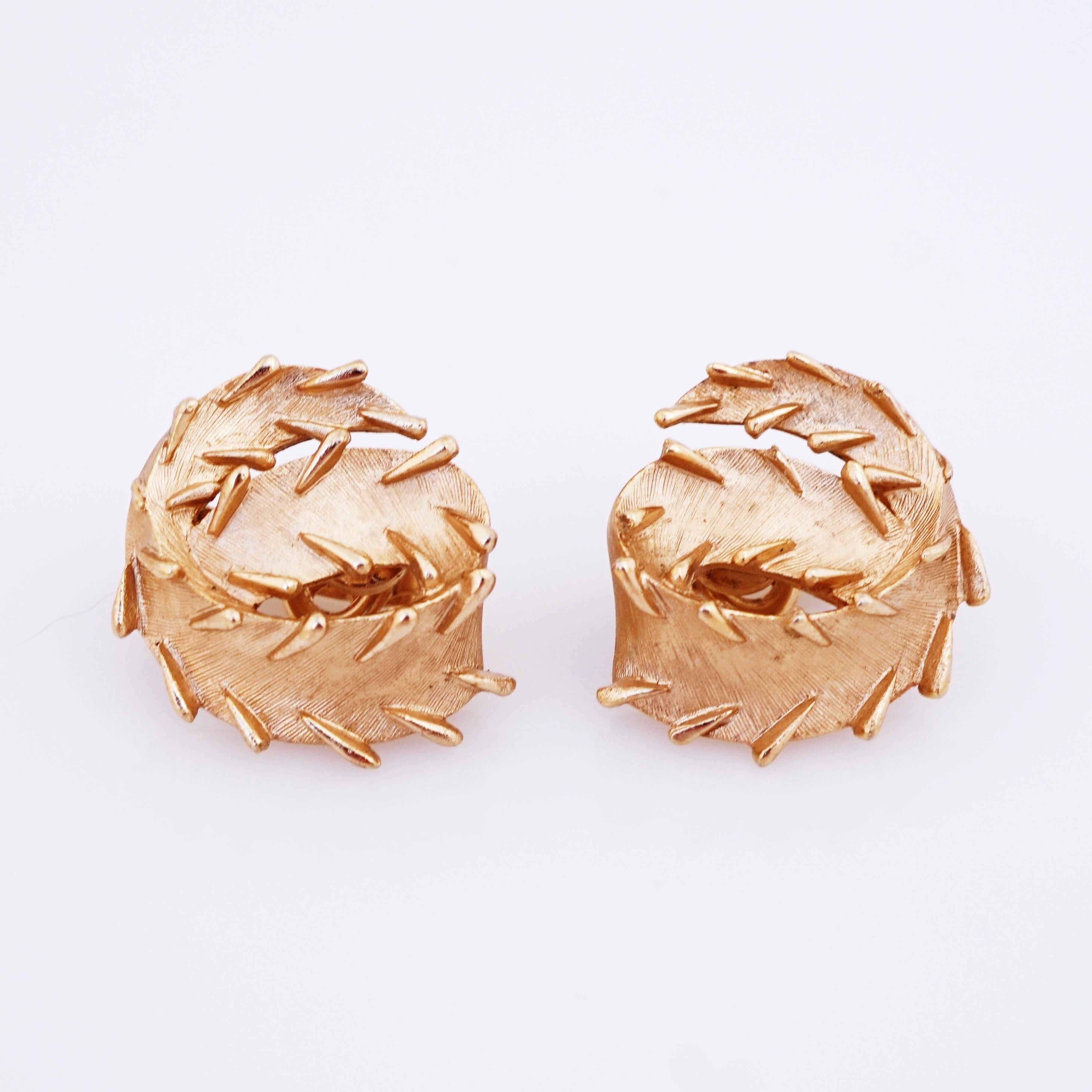 Modern Textured Gold Swirl Earrings With Stitch Detail By Crown Trifari, 1960s