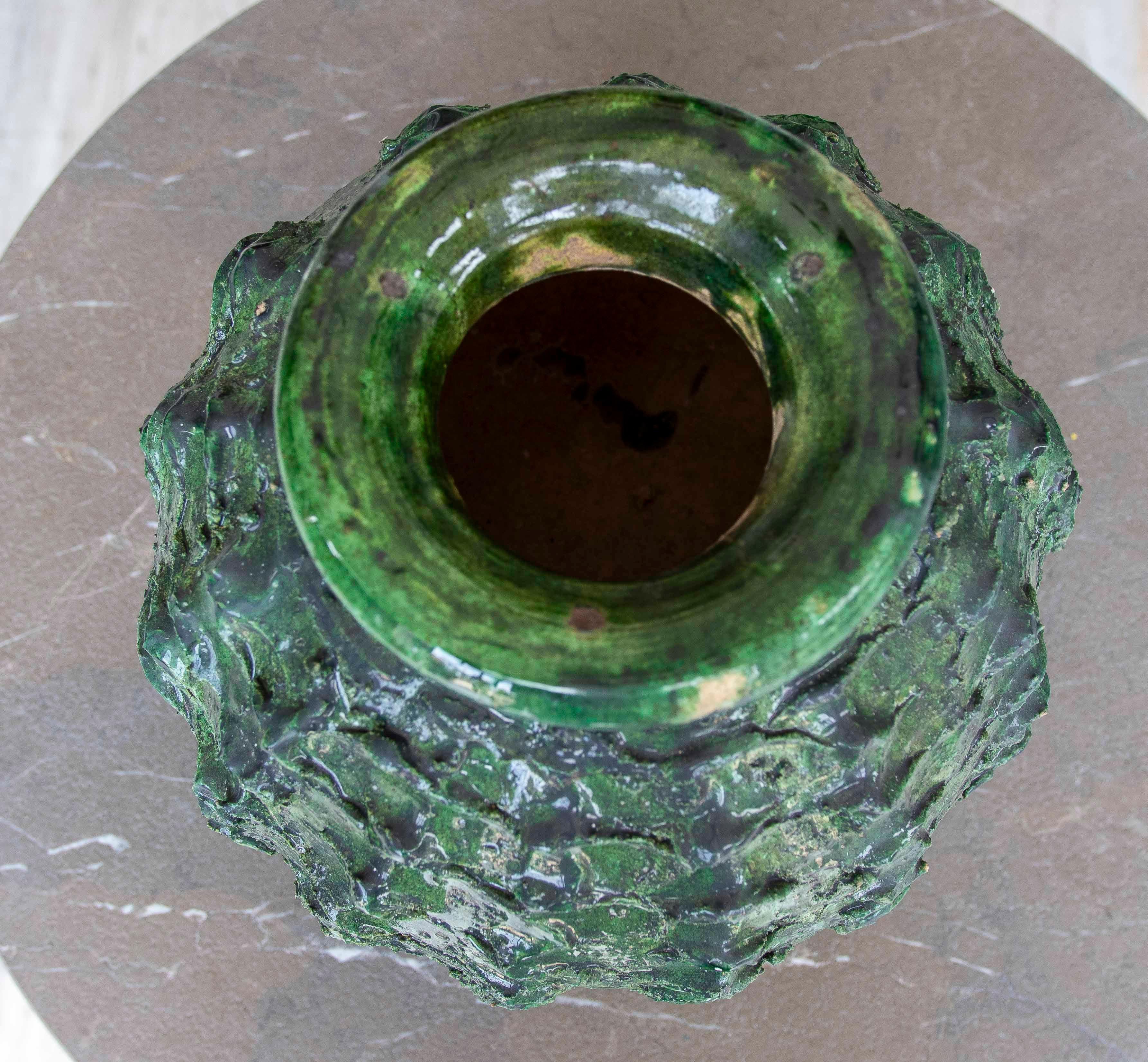 Textured Green Glazed Sculptural Vase For Sale 5