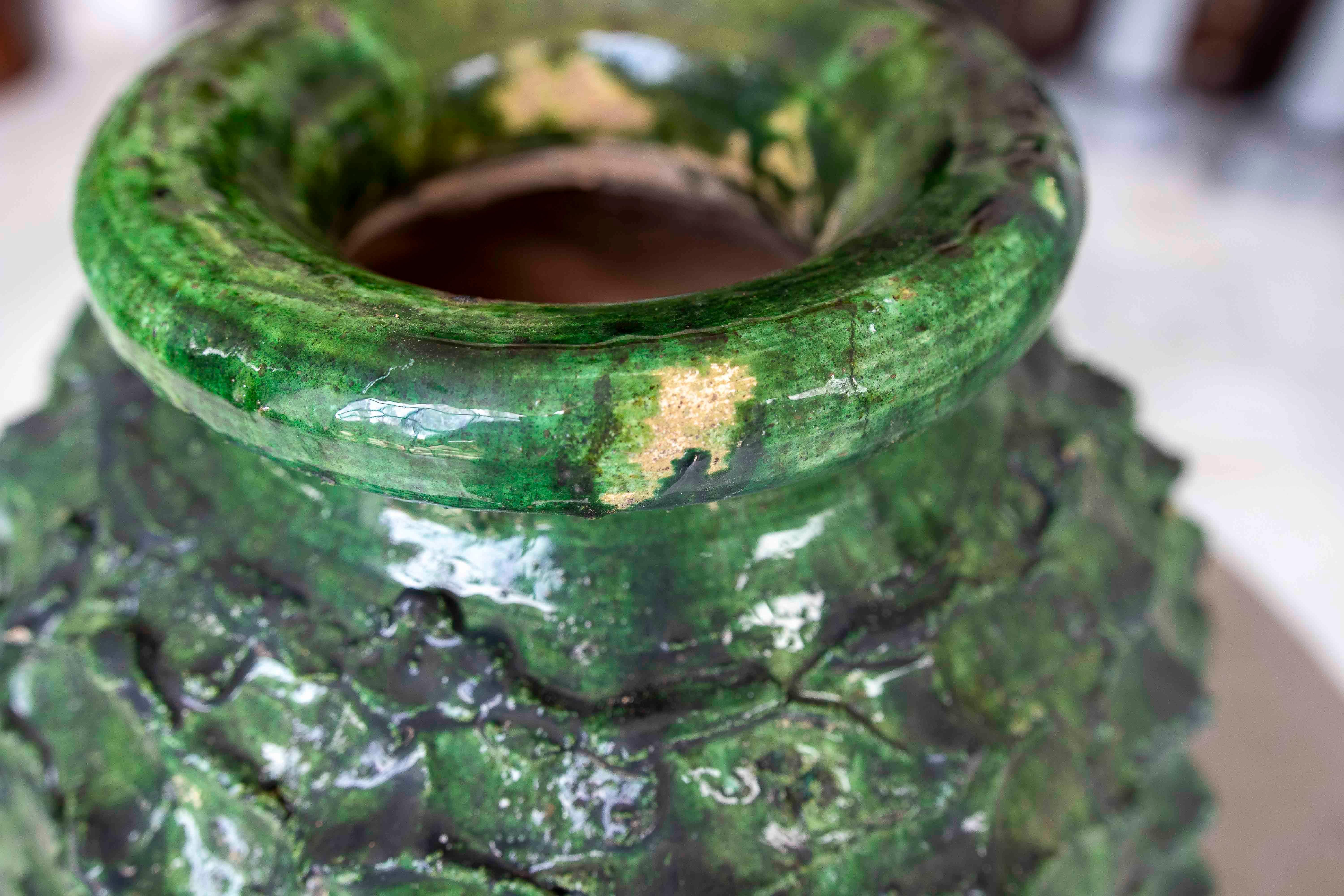 Textured Green Glazed Sculptural Vase For Sale 7