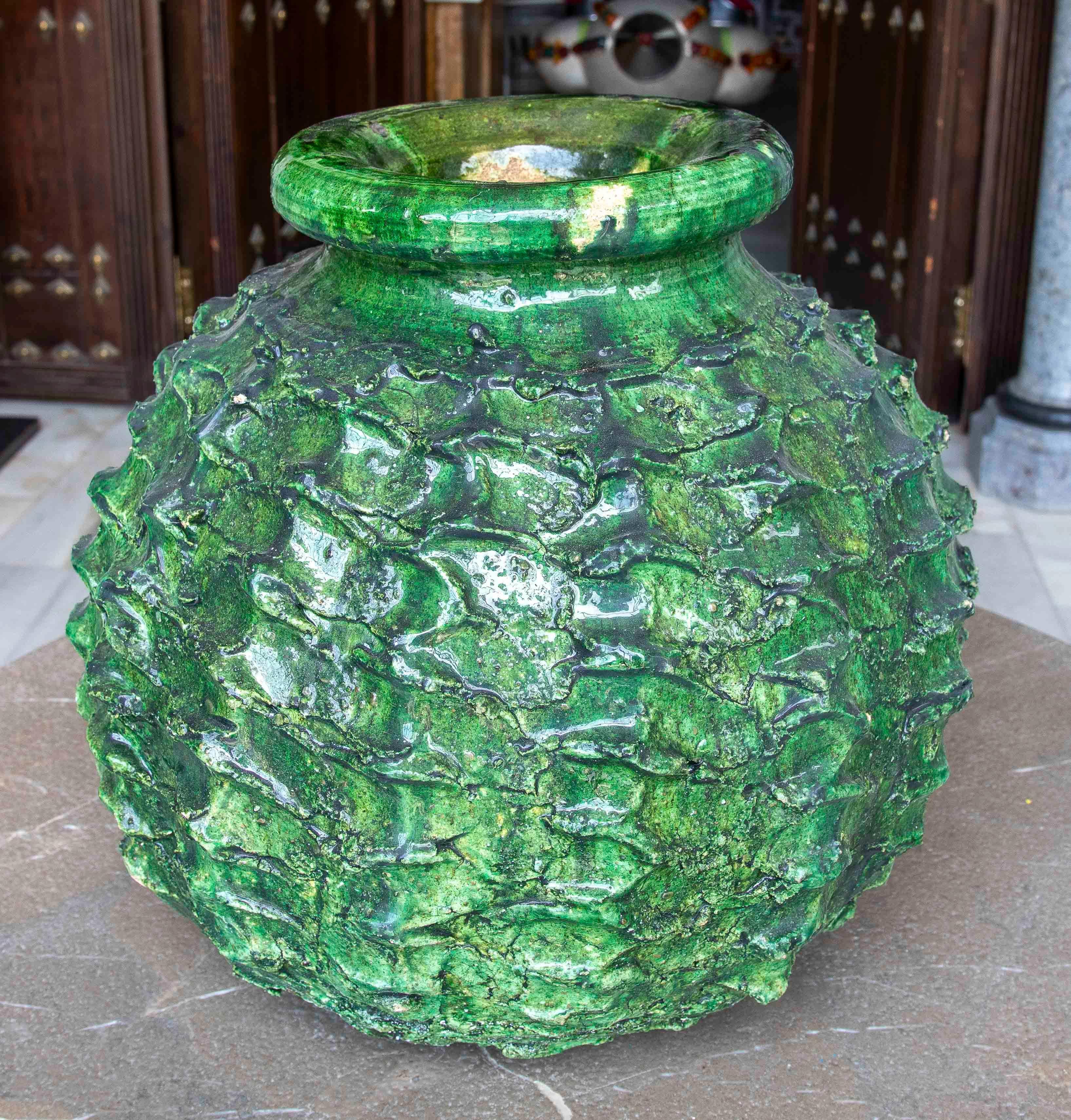 European Textured Green Glazed Sculptural Vase For Sale