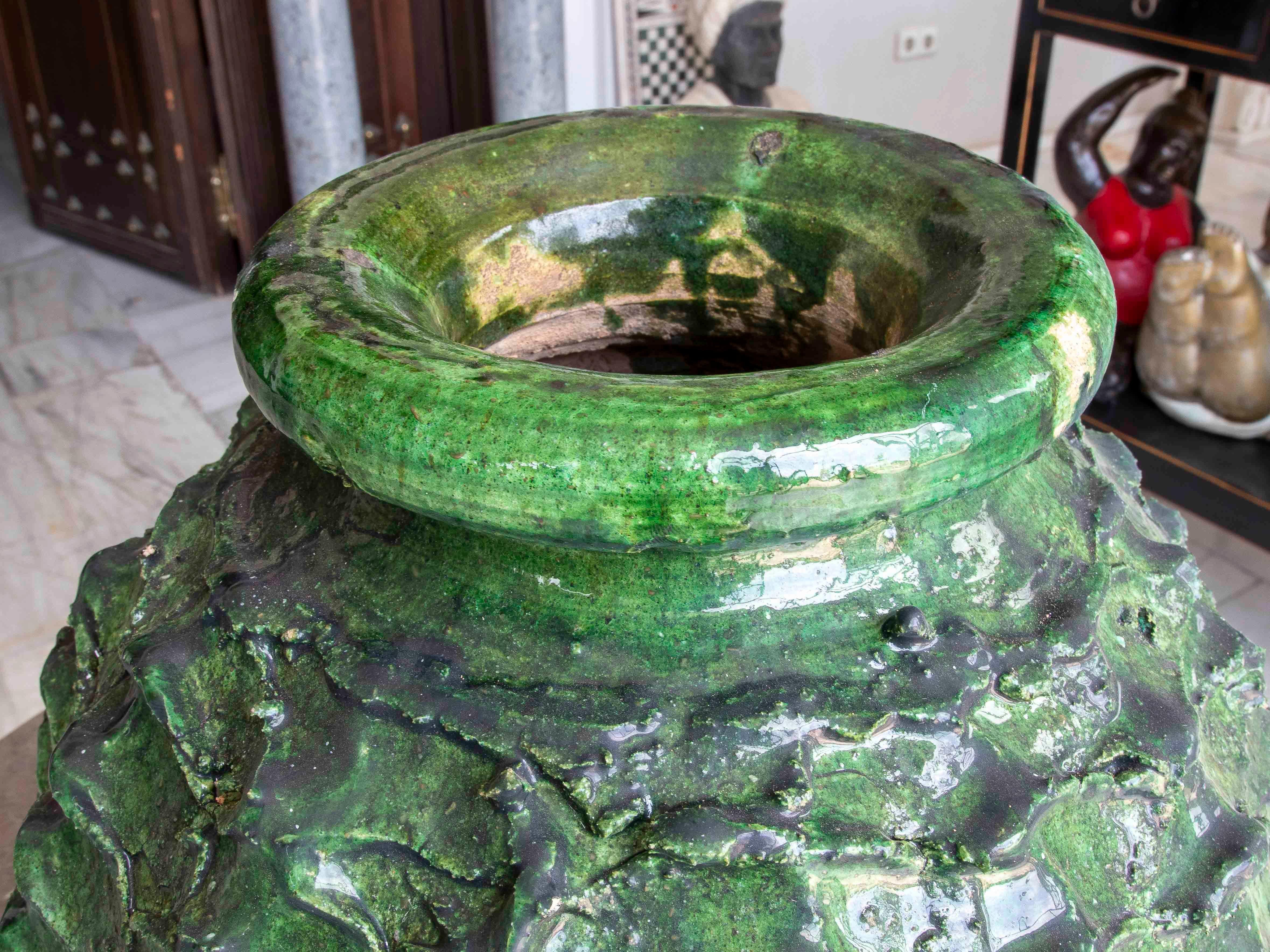 Contemporary Textured Green Glazed Sculptural Vase For Sale