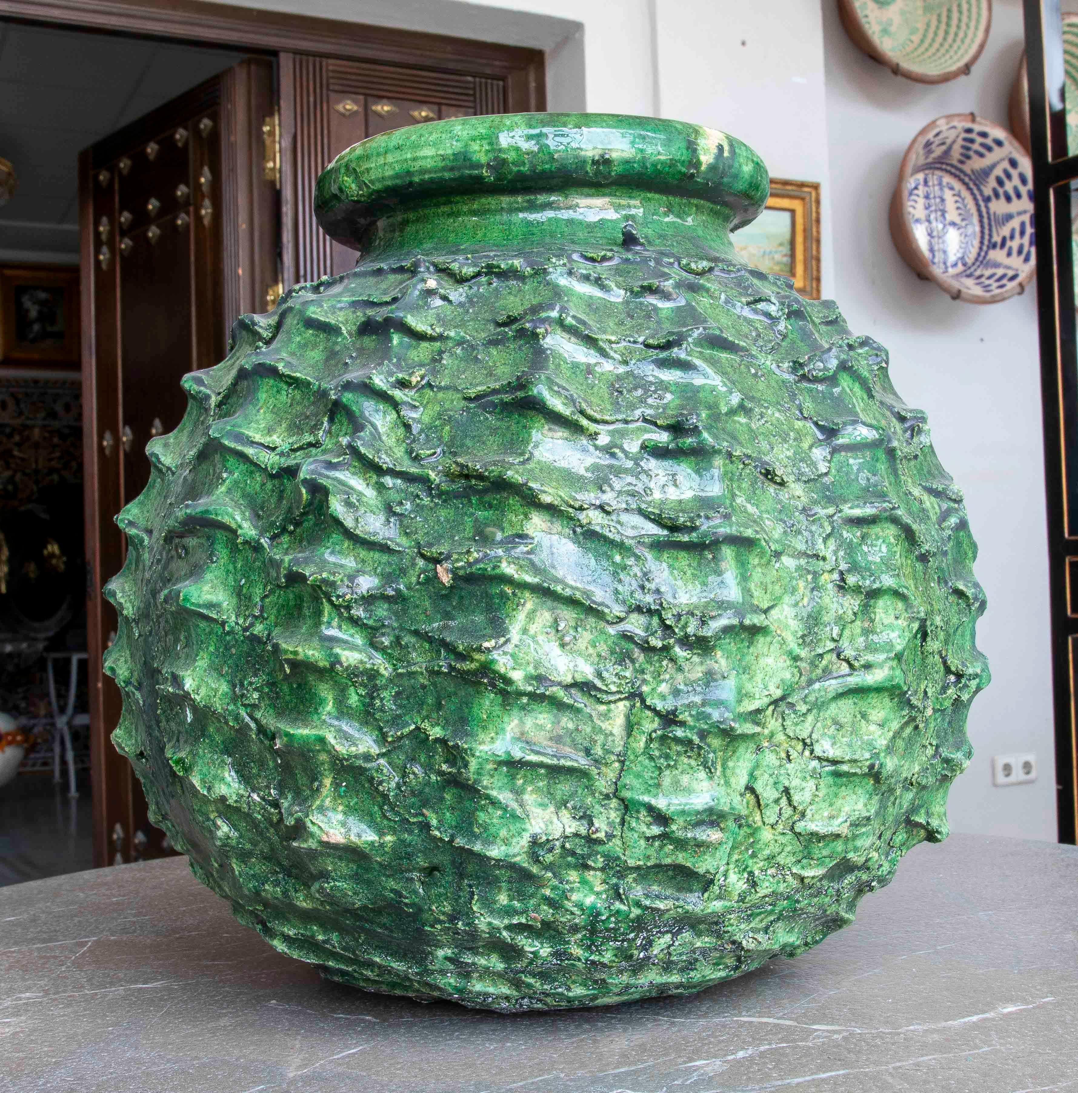 Ceramic Textured Green Glazed Sculptural Vase For Sale