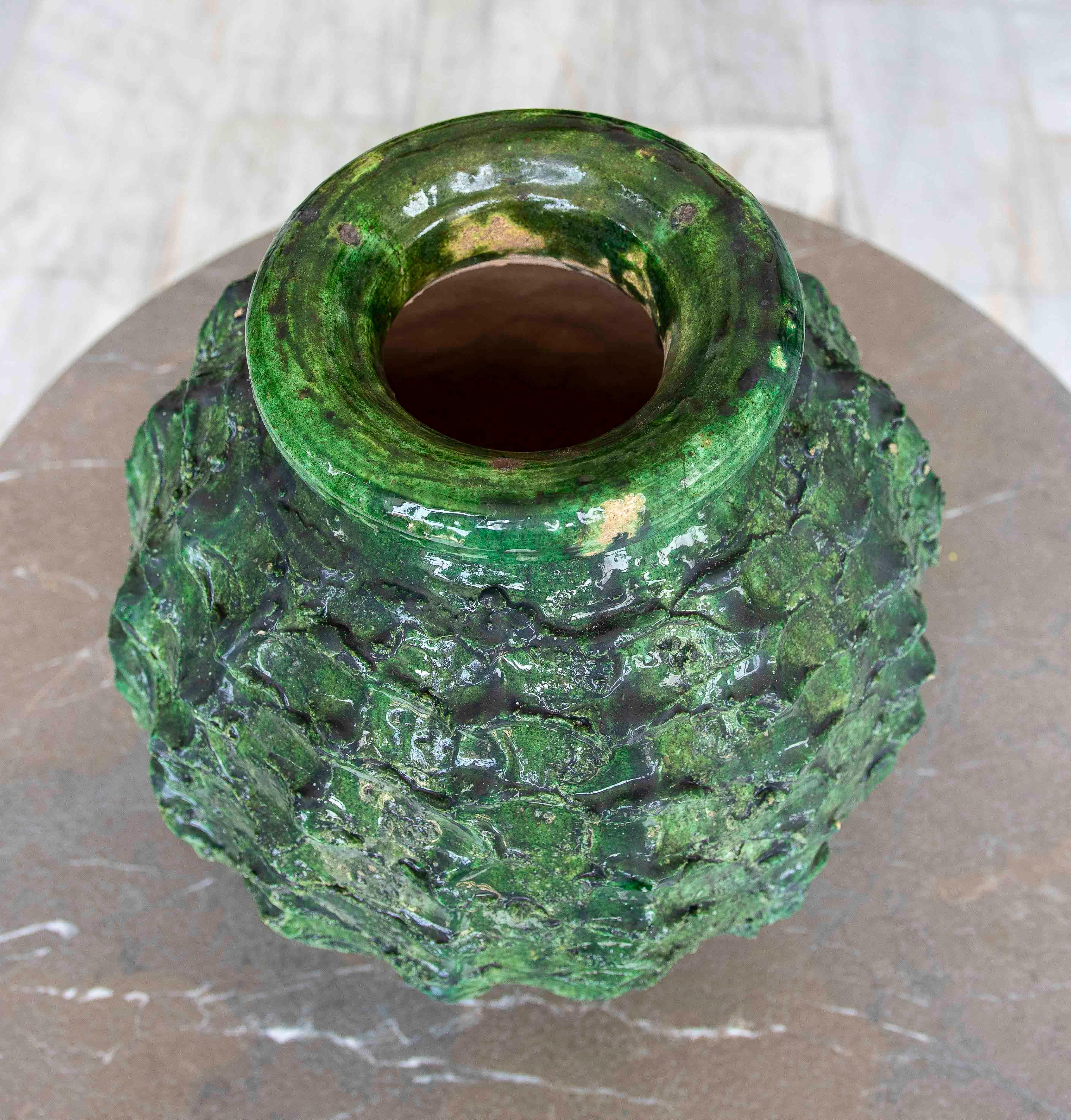 Textured Green Glazed Sculptural Vase For Sale 1