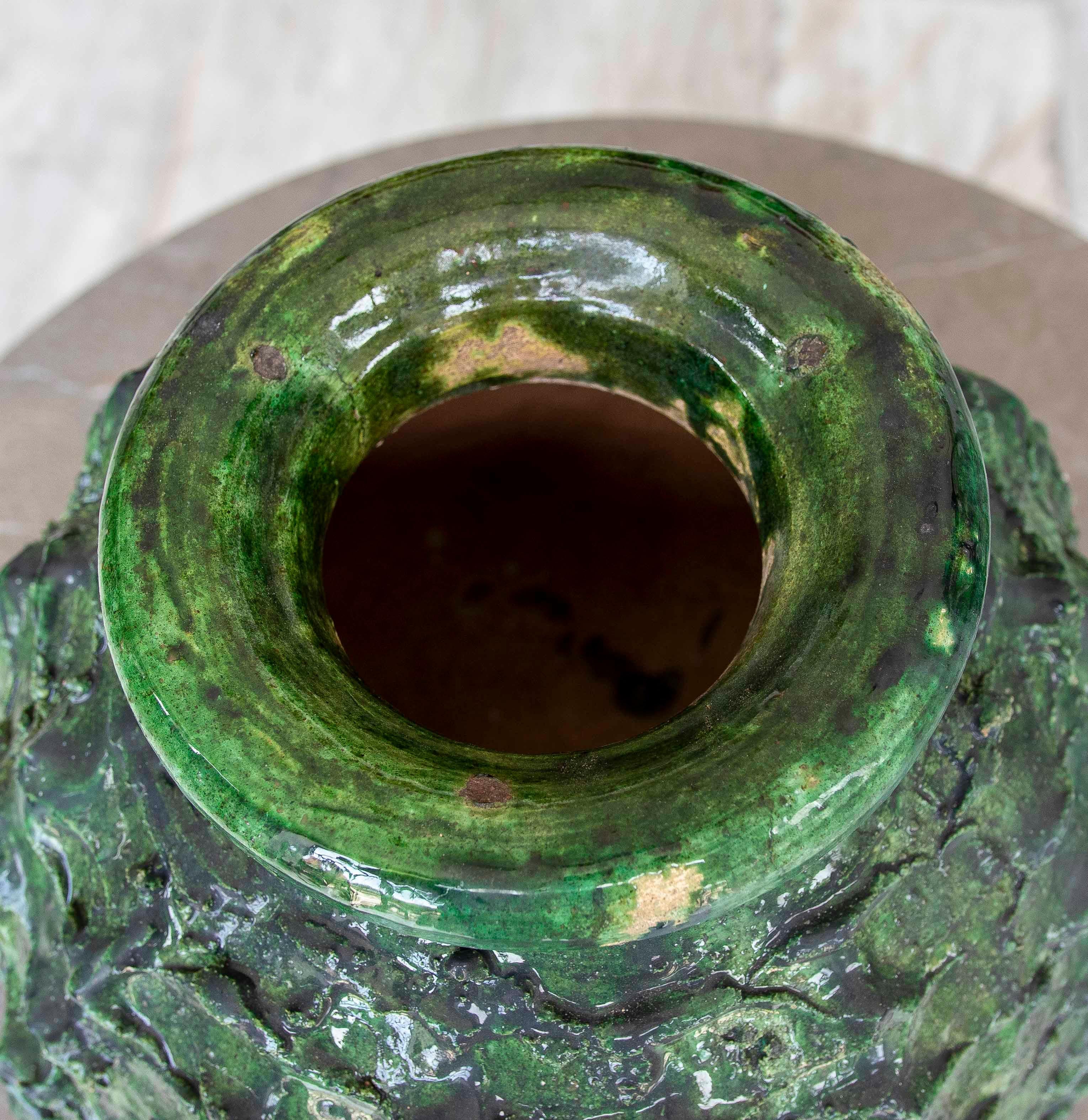 Textured Green Glazed Sculptural Vase For Sale 2