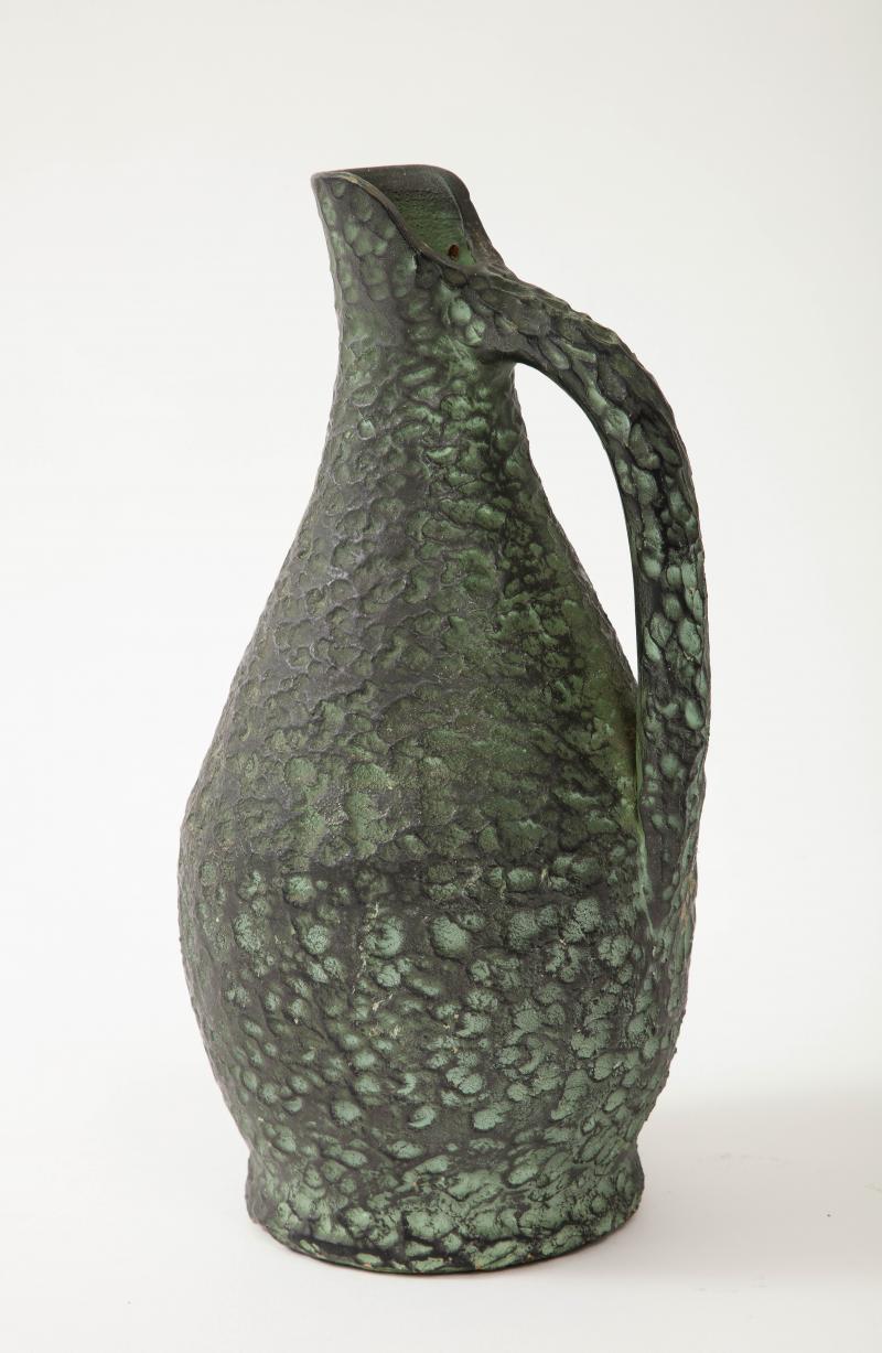 Organic Modern Textured Green Glazed Terracotta Vase/Pitcher, 20th Century For Sale