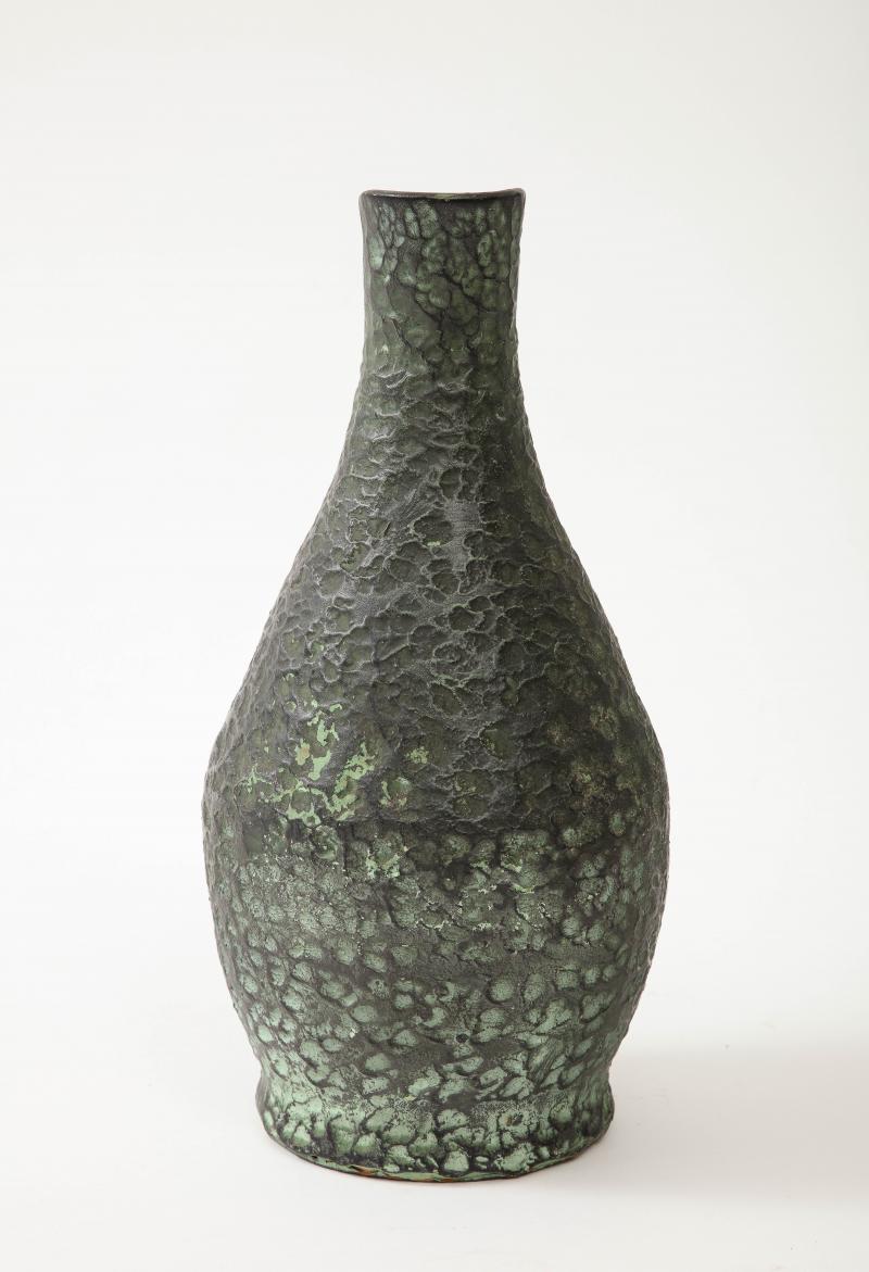 Spanish Textured Green Glazed Terracotta Vase/Pitcher, 20th Century For Sale