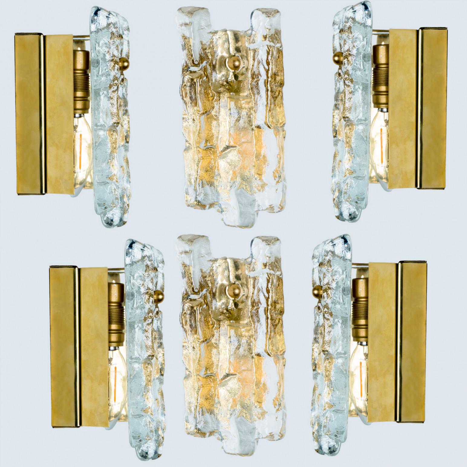 Textured Ice glass Gold Wall Lights Kalmar, 1970s For Sale 3