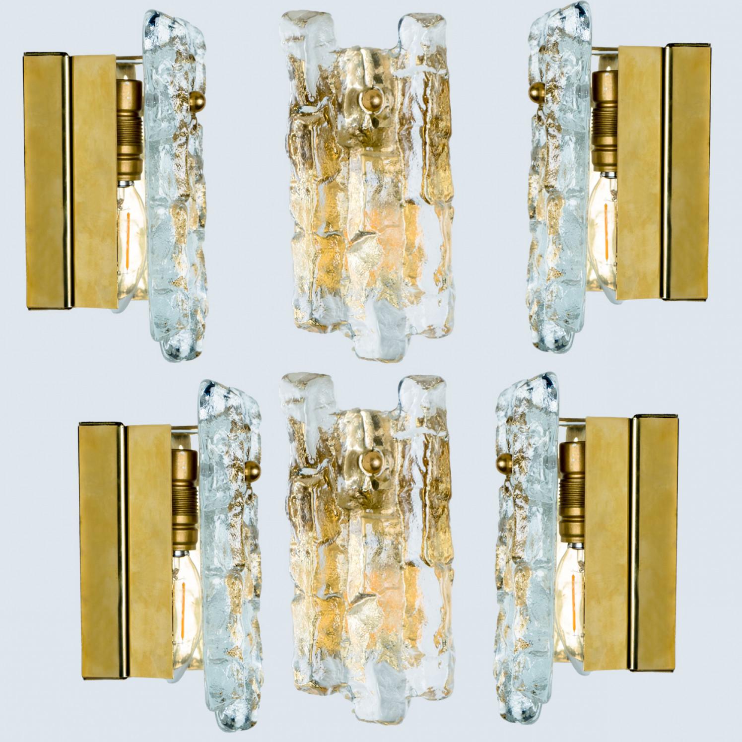 Textured Ice glass Gold Wall Lights Kalmar, 1970s 3